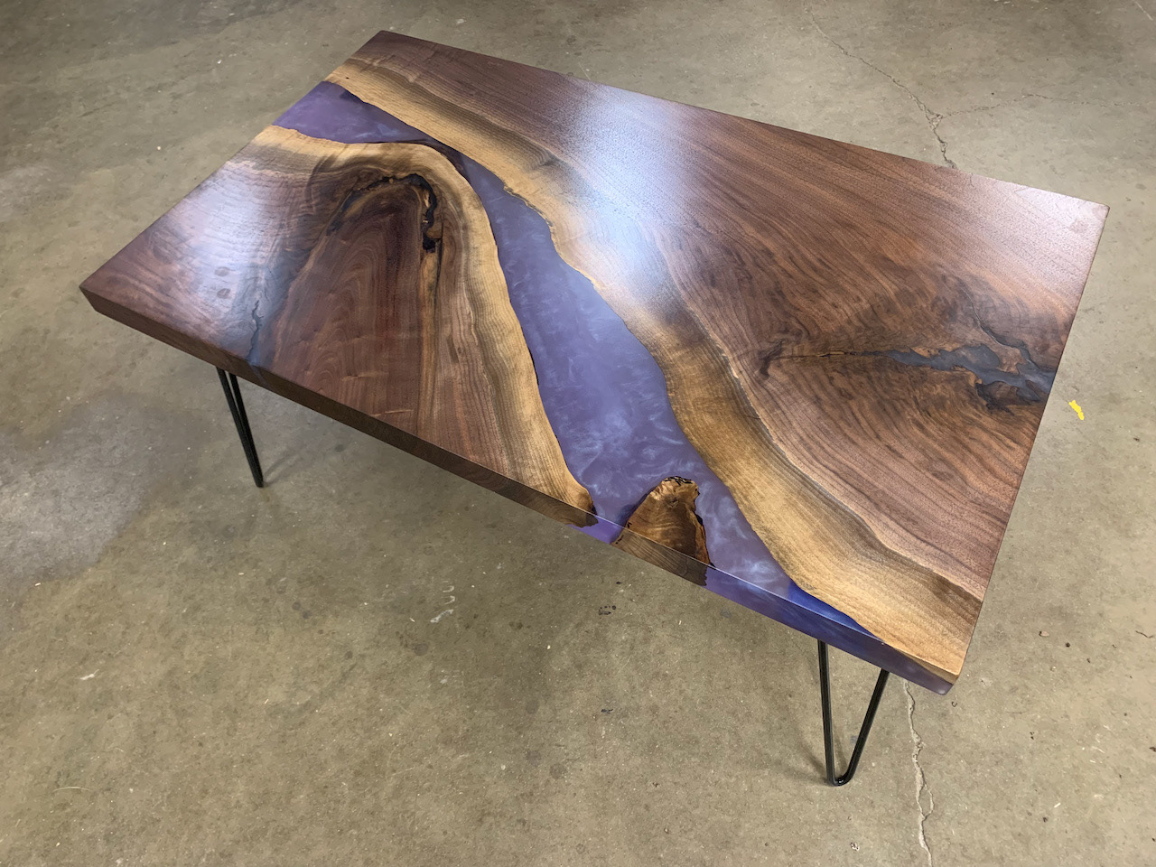 Black Walnut Slab and Purple Resin River Coffee Table with Black Metal Hairpin Legs