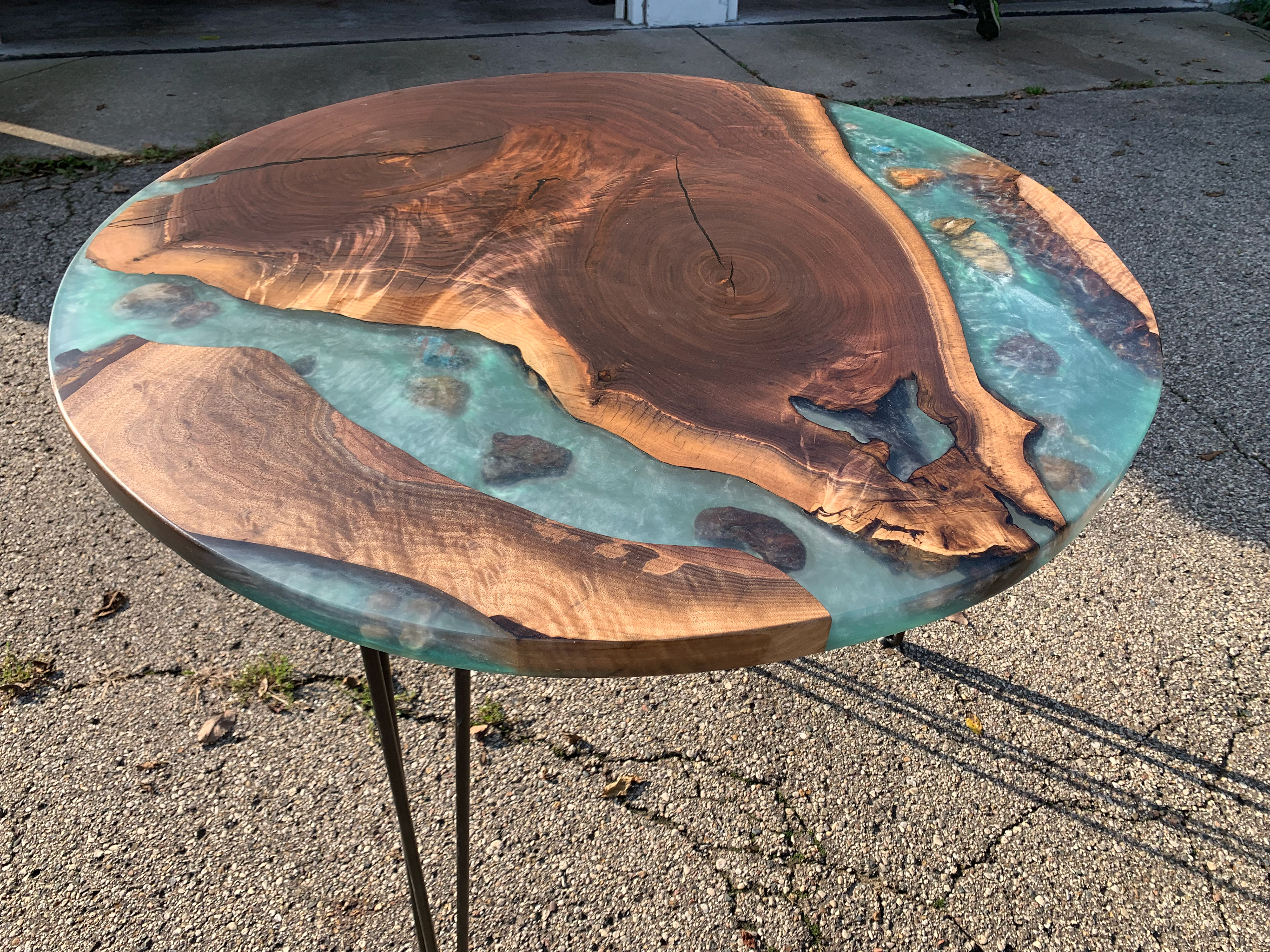 Black Walnut Slab and Blue Resin River Round Kitchen Table with Black Metal Hairpin Legs and Client’s Stones