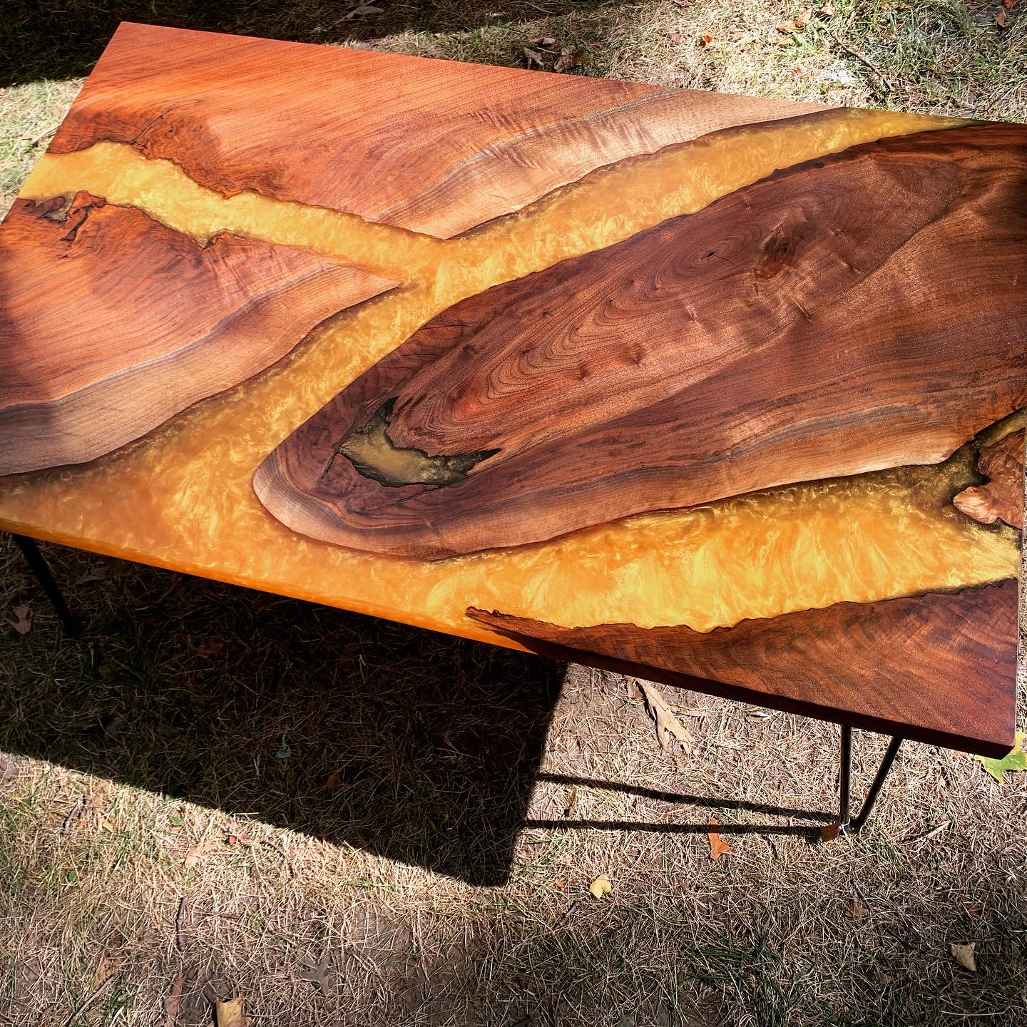 Black Walnut Slab and Gold Resin River Coffee Table with Black Metal Hairpin Legs