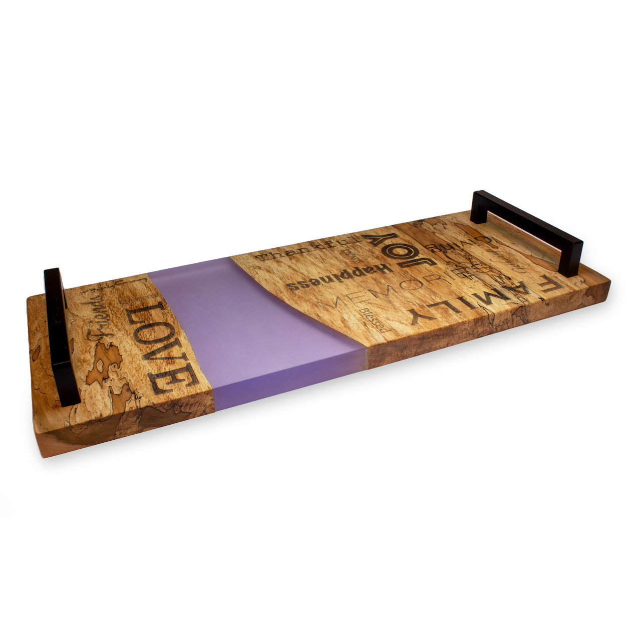 Laser Engraved Spalted Yellow Birch and Purple Resin River Charcuterie Board