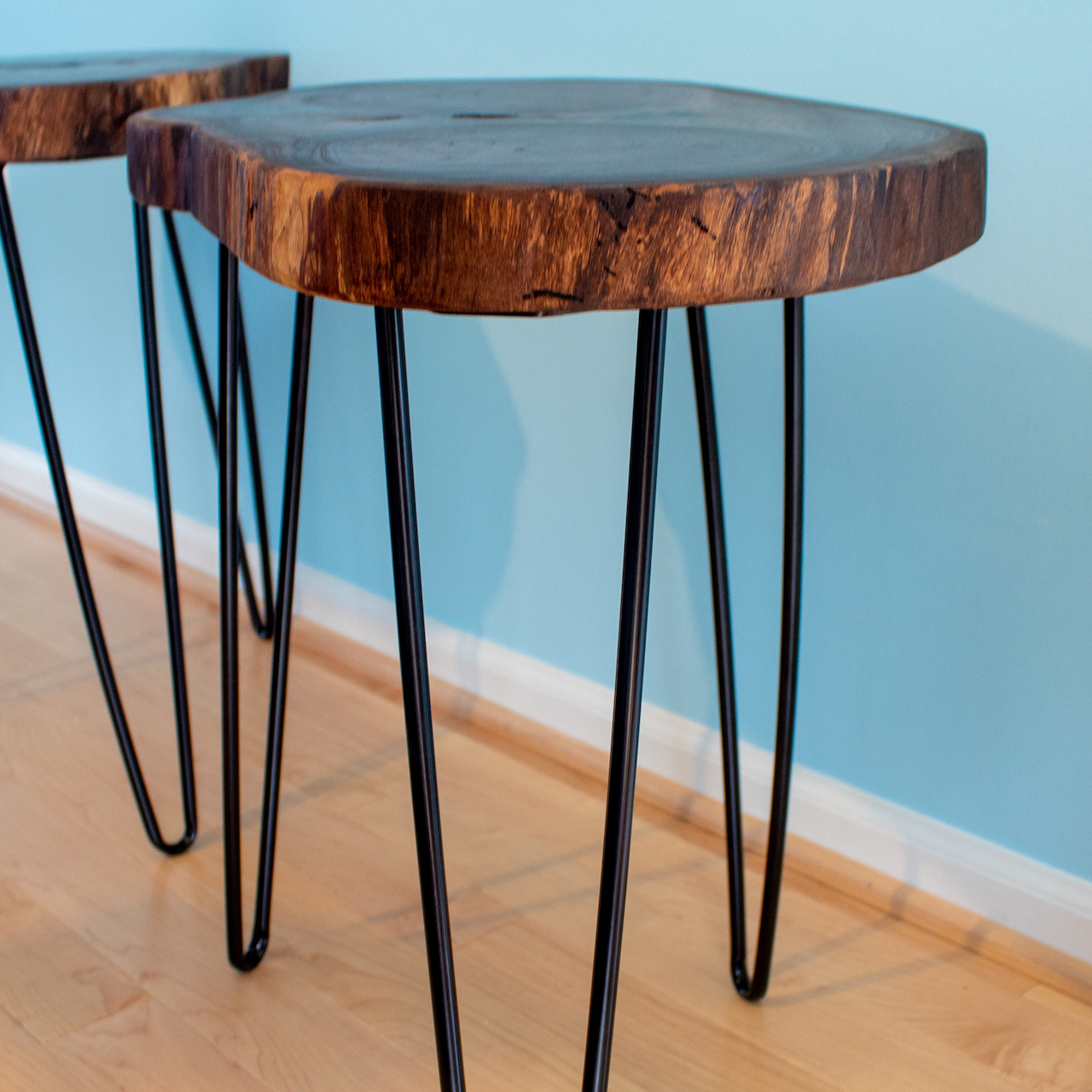 Live Edge Black Walnut Cookie Side Tables with Black Hairpin Legs