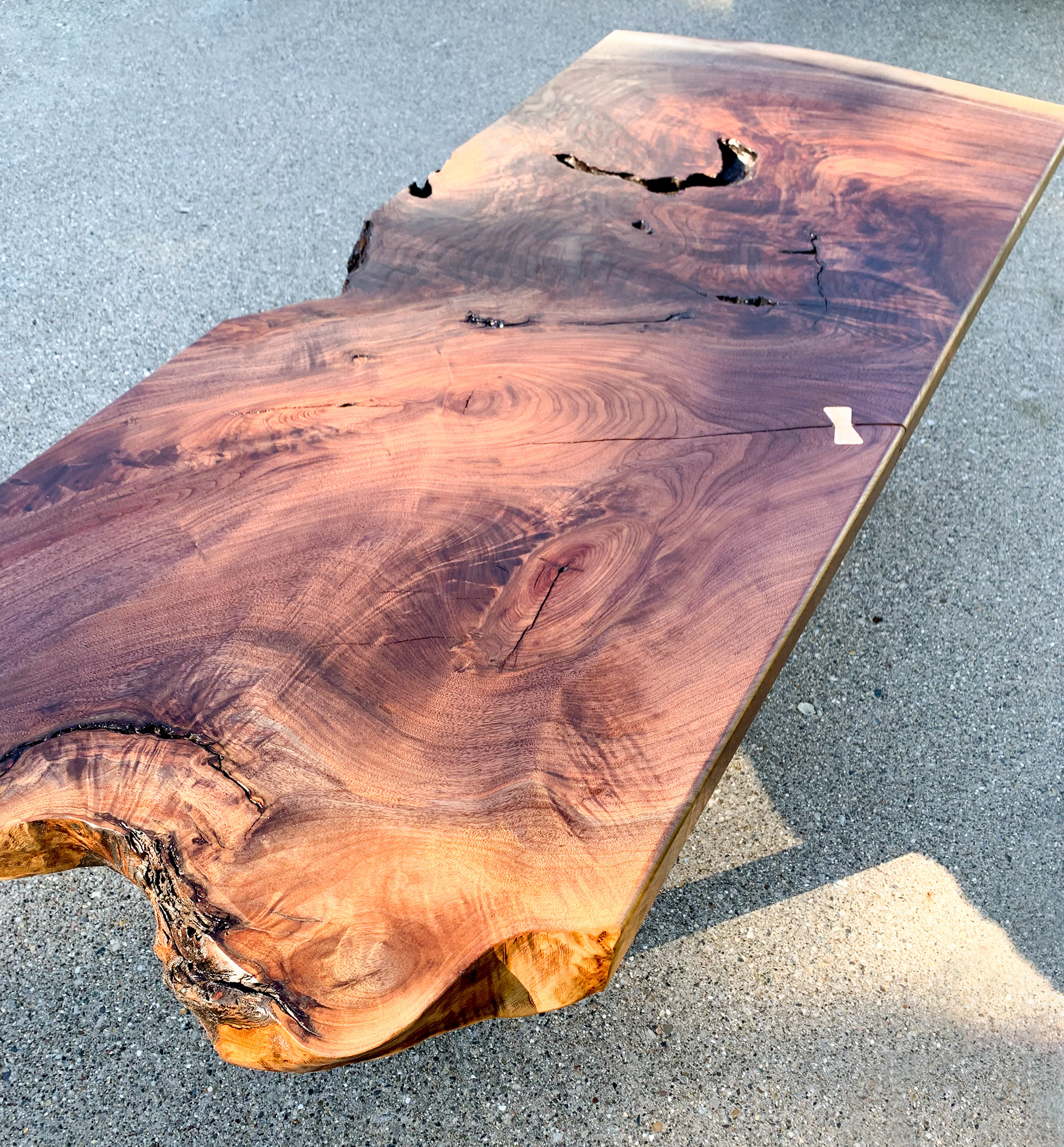 Live Edge Black Walnut Slab Coffee Table with Black Mat Legs and Maple Bowtie