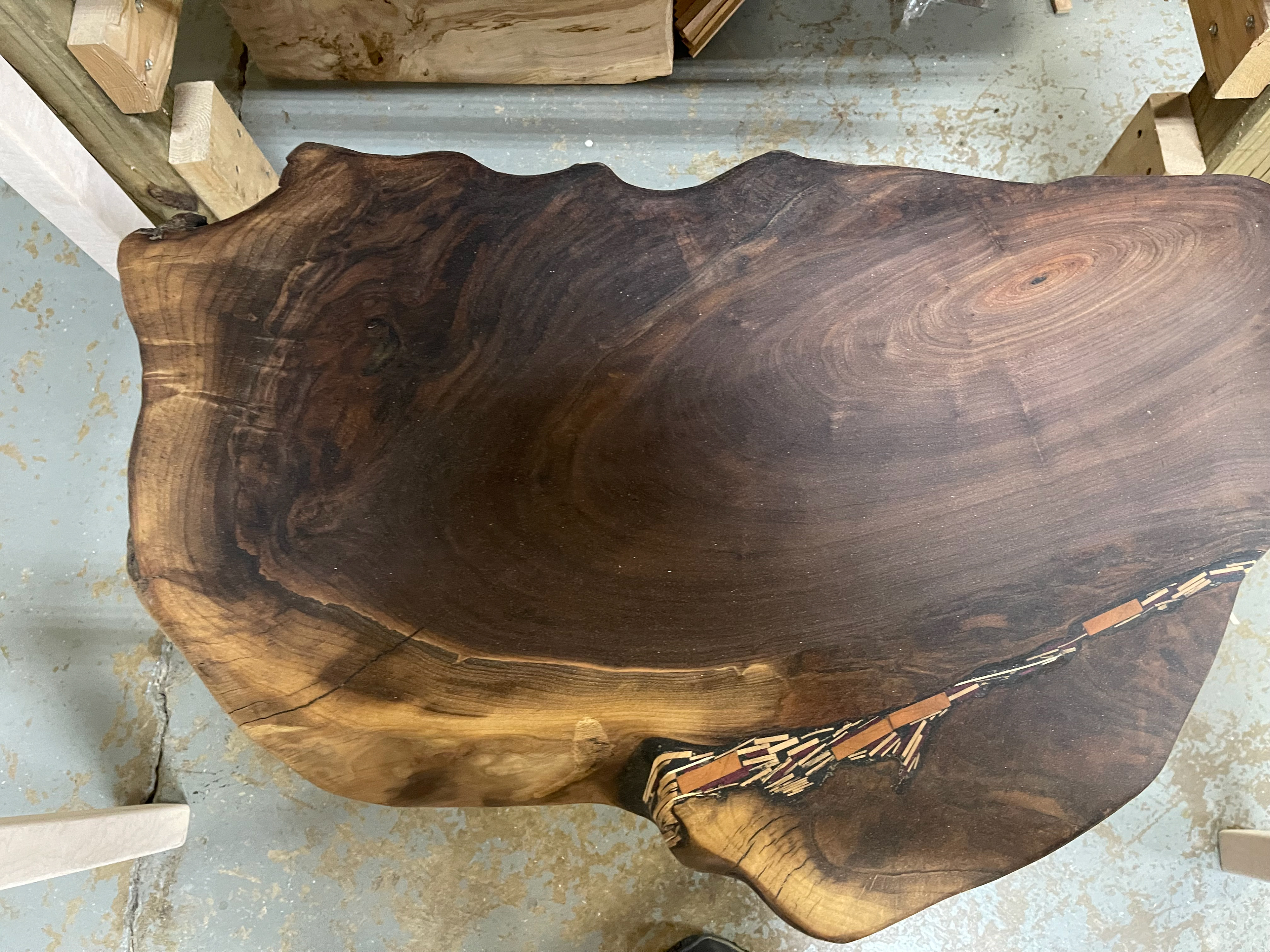 Black Walnut Slab and Multi Colored Wood Resin River End Table with Maple Legs