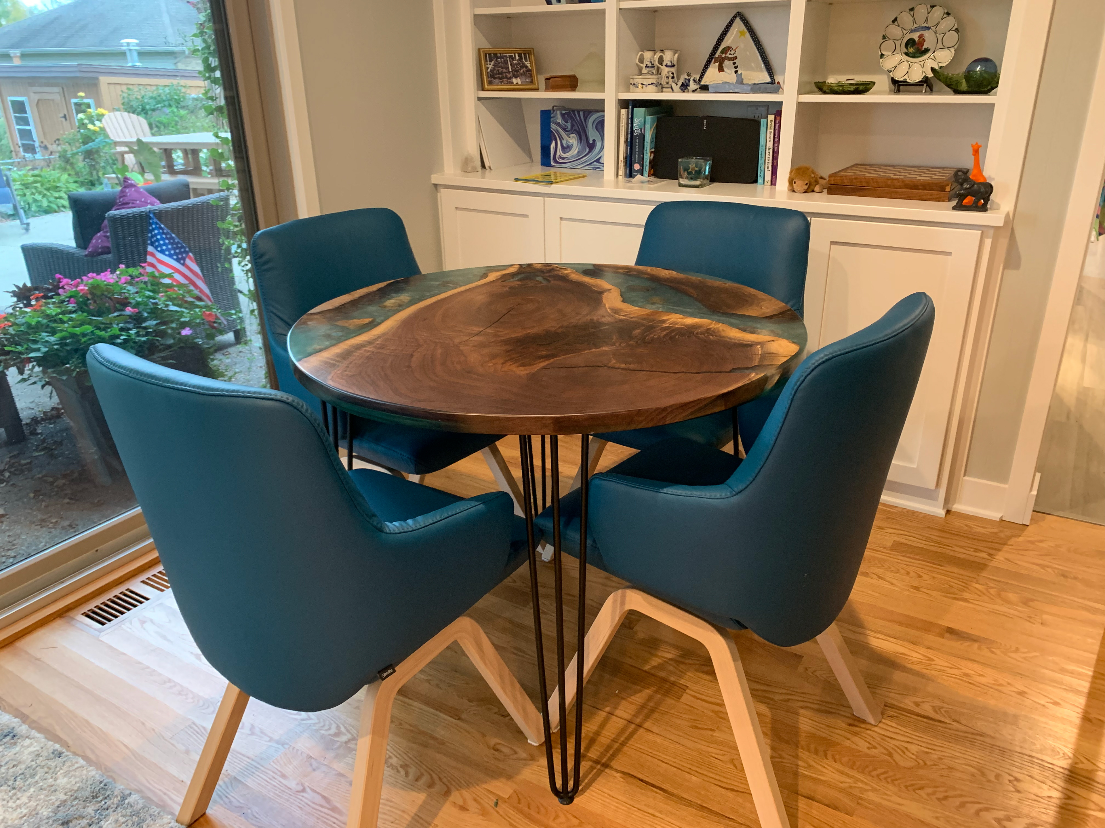 Black Walnut Slab and Blue Resin River Round Kitchen Table with Black Metal Hairpin Legs