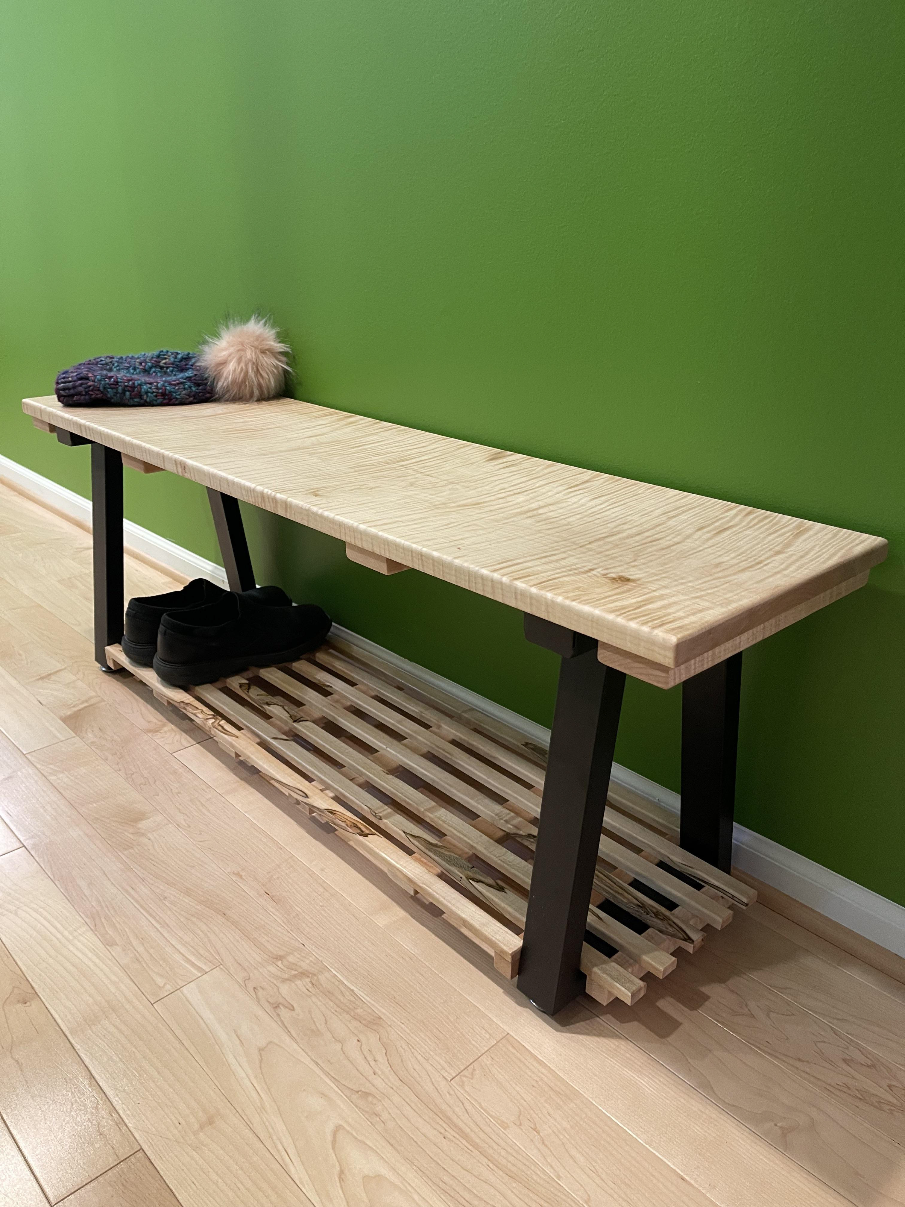 Curly and Spalted Maple Bench with Black Mat Legs and Boot Tray
