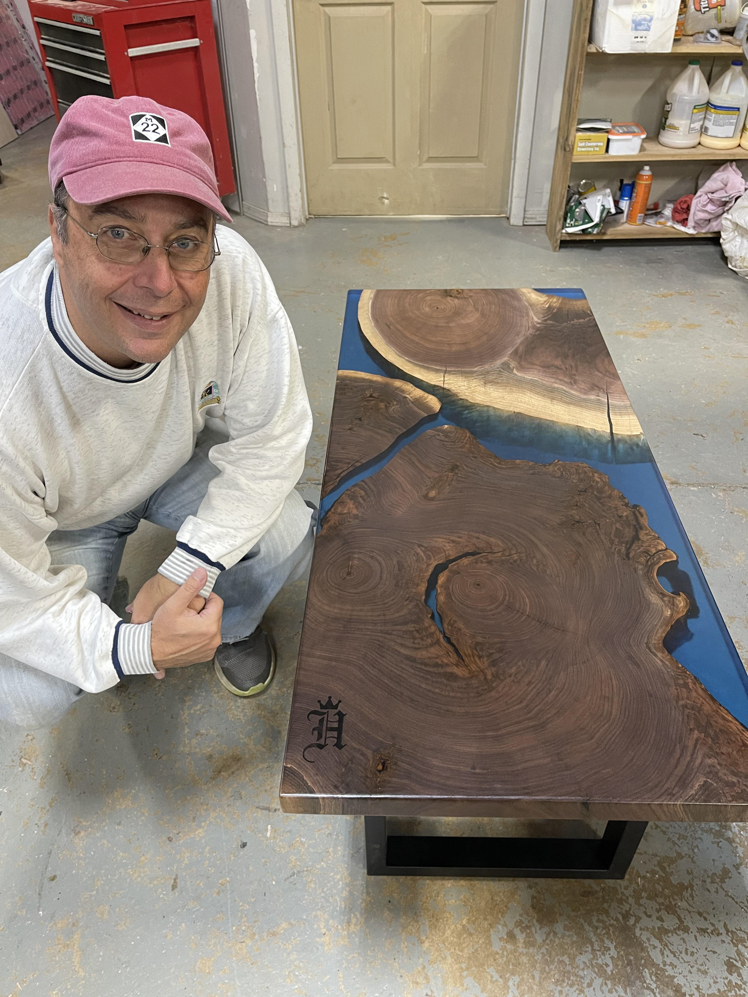 Black Walnut and Blue Resin Table with Custom Resin Inlay Design