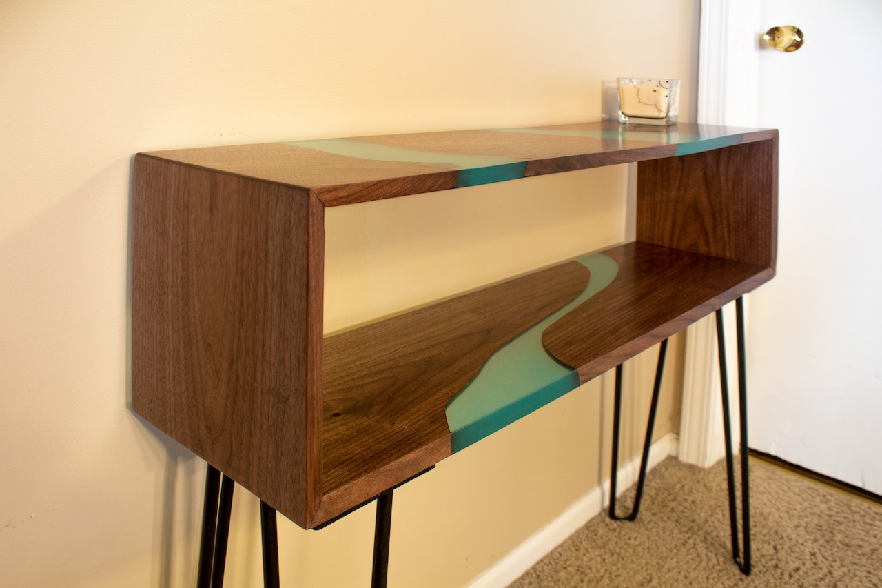 Black Walnut Slab and Teal Resin River Console Table with Black Metal Hairpin Legs