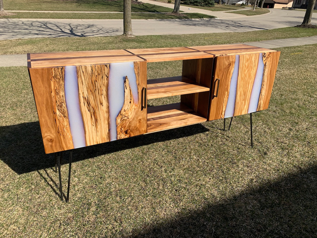 Spalted Yellow Birch Slab and White Resin River Console Table with Black Metal Hairpin Legs