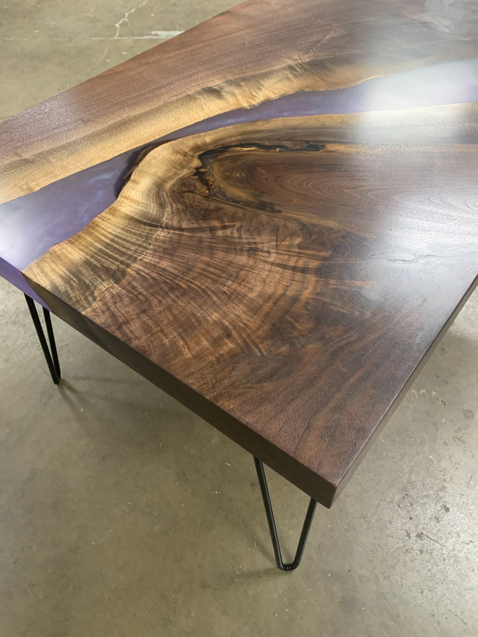 Black Walnut Slab and Purple Resin River Coffee Table with Black Metal Hairpin Legs