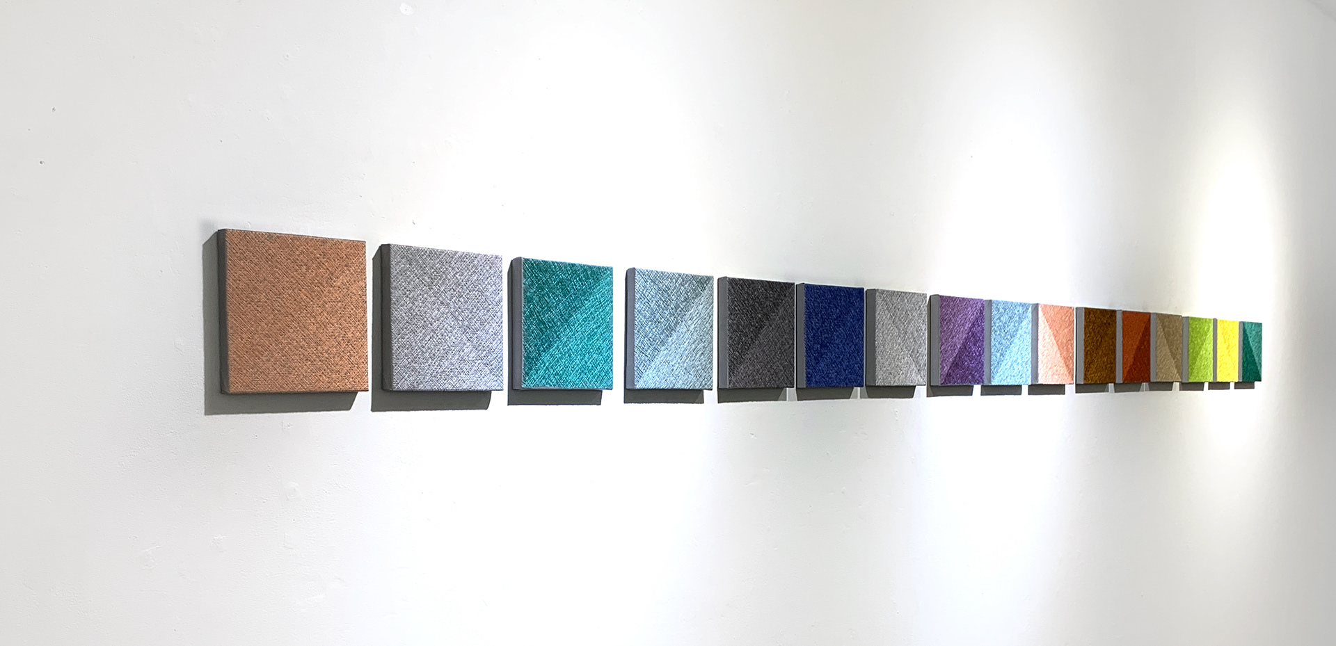 From one point to another | thread on reflective fabric | 18x18cm each | 2019