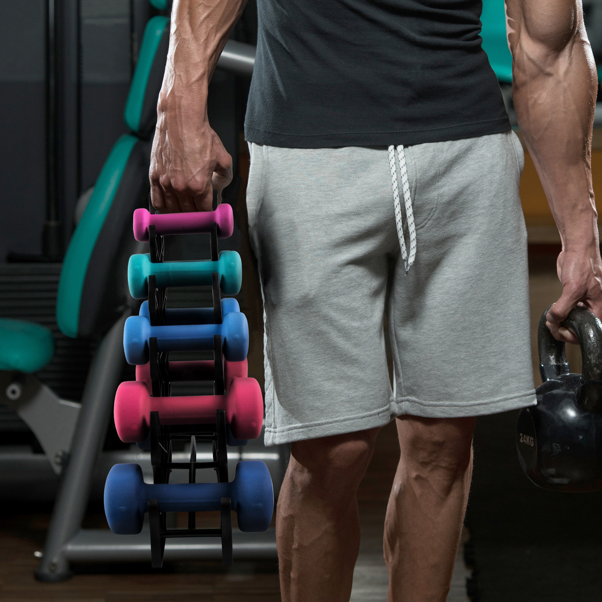 Removed object from stock photo and replaced with weight rack.