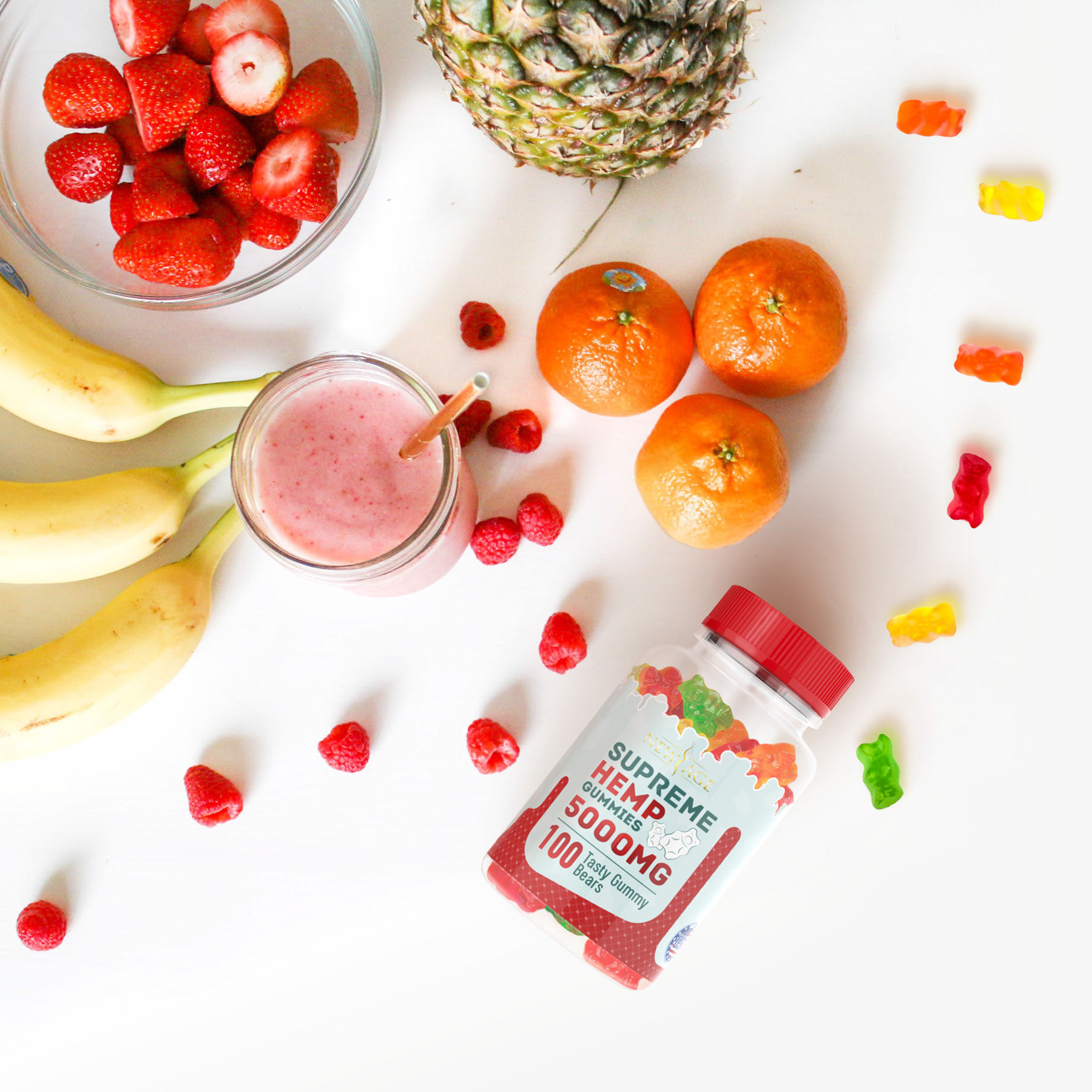 Digital styling using different photos of food, candy, and product rendering.