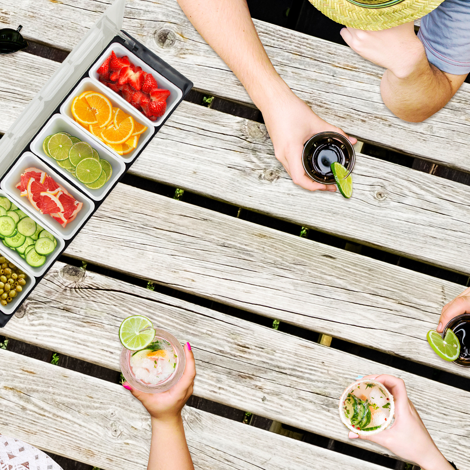 Added separate stock photos of food, people, drinks, and table to product photo of tray.