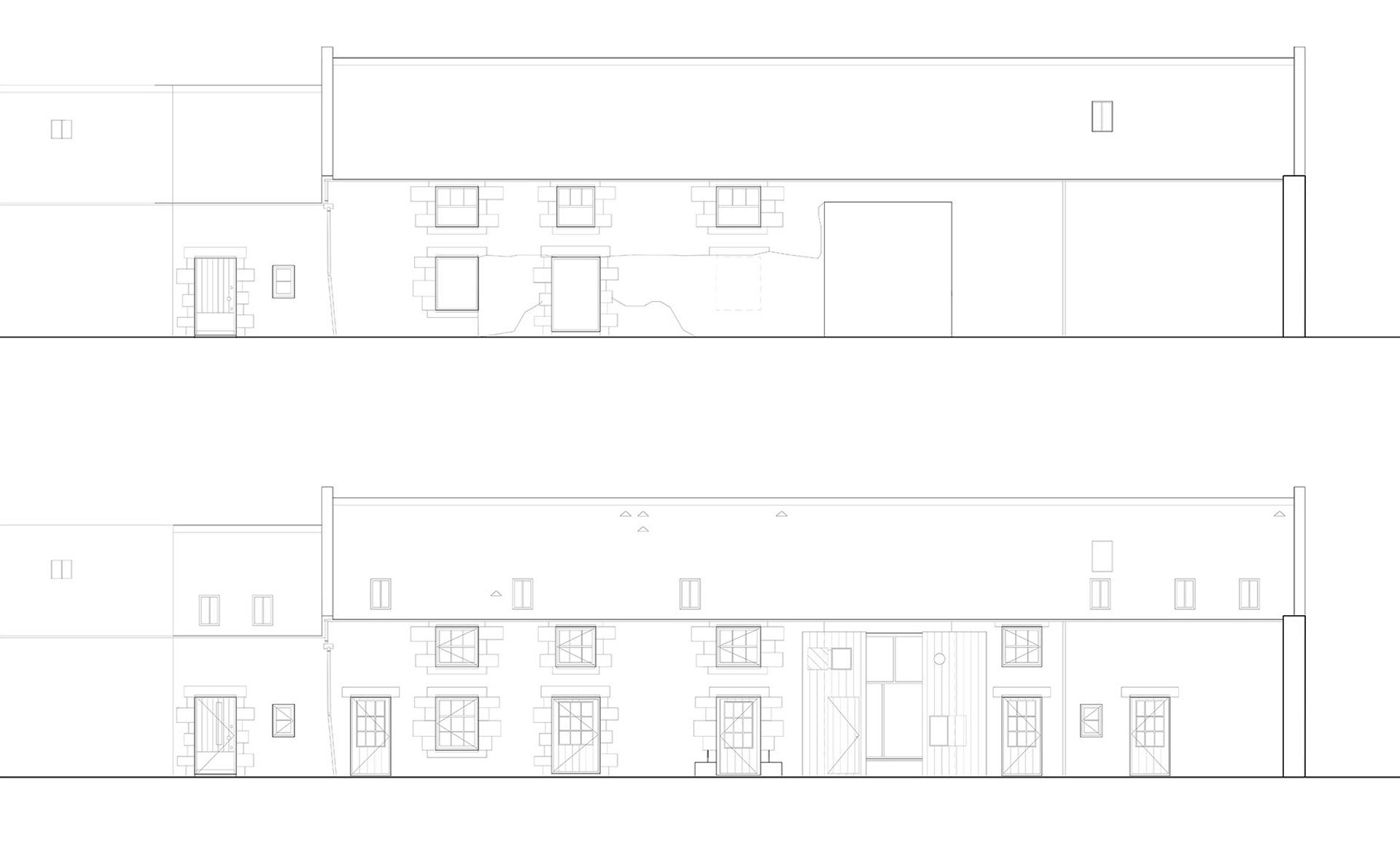 Elevation drawings Castle Moffat Steading Long Barn historic listed building conversion restoration architecture by Croftworks in East Lothian Scotland retrofit stone farm buildings