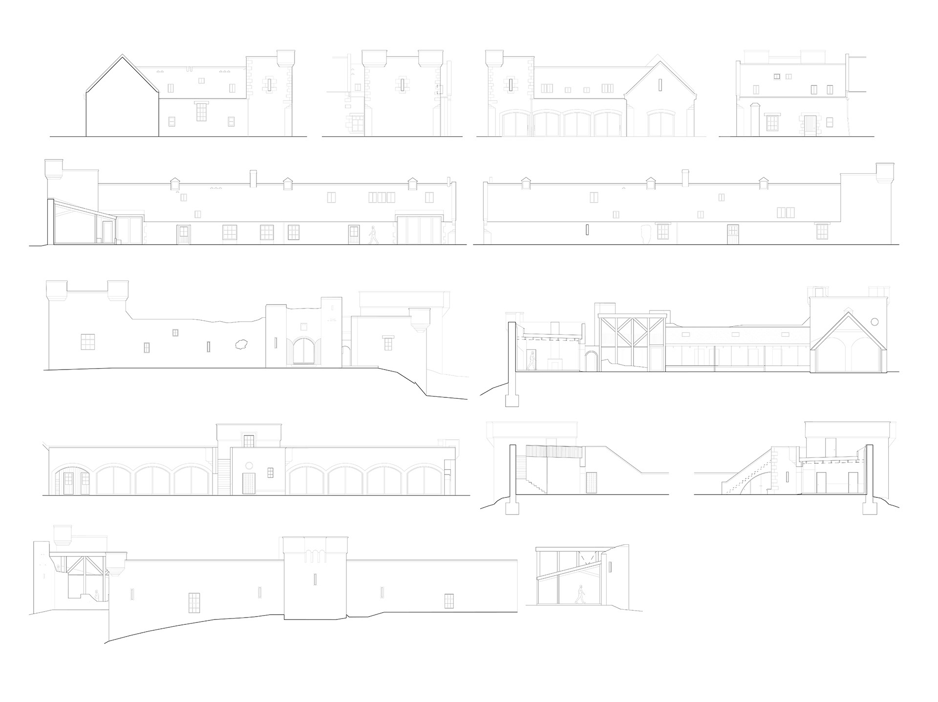Castle Moffat Steading North South and East wings elevations drawing before architecture restoration Croftworks Scotland