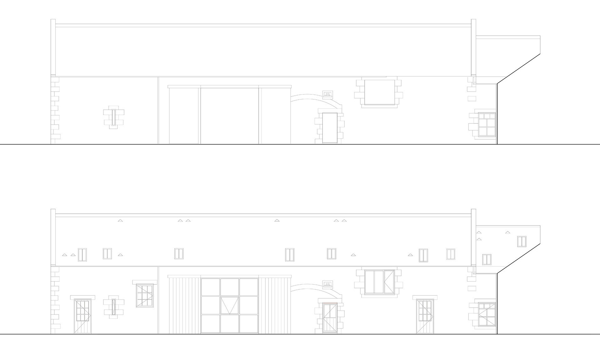 Elevation drawings Castle Moffat Steading Long Barn historic listed building conversion restoration architecture by Croftworks in East Lothian Scotland retrofit stone farm buildings