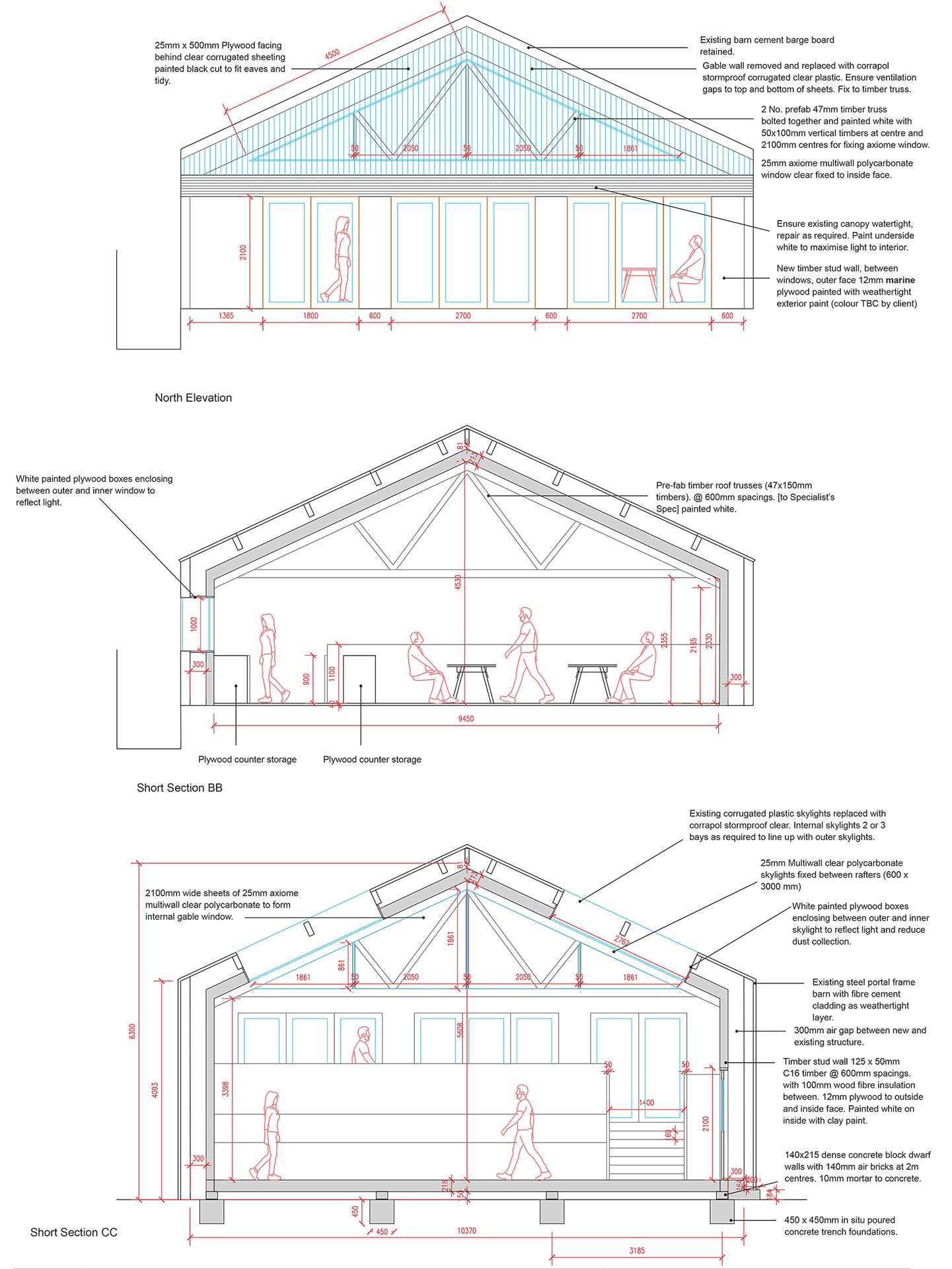College Farm Arts Barn conversion to art studios Hampshire by Croftworks architecture elevation and section drawings