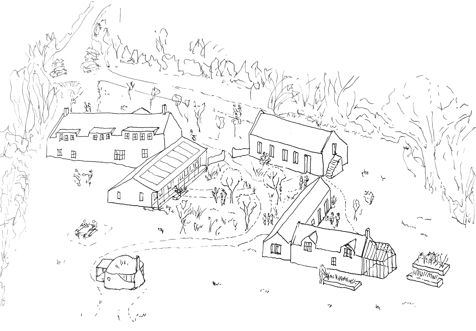 Moniack Mhor Writer's Centre Masterplan feasiblity study by Croftworks Architecture Highlands Scotland Retrofit education workplace isometric ariel view hand sketch drawing