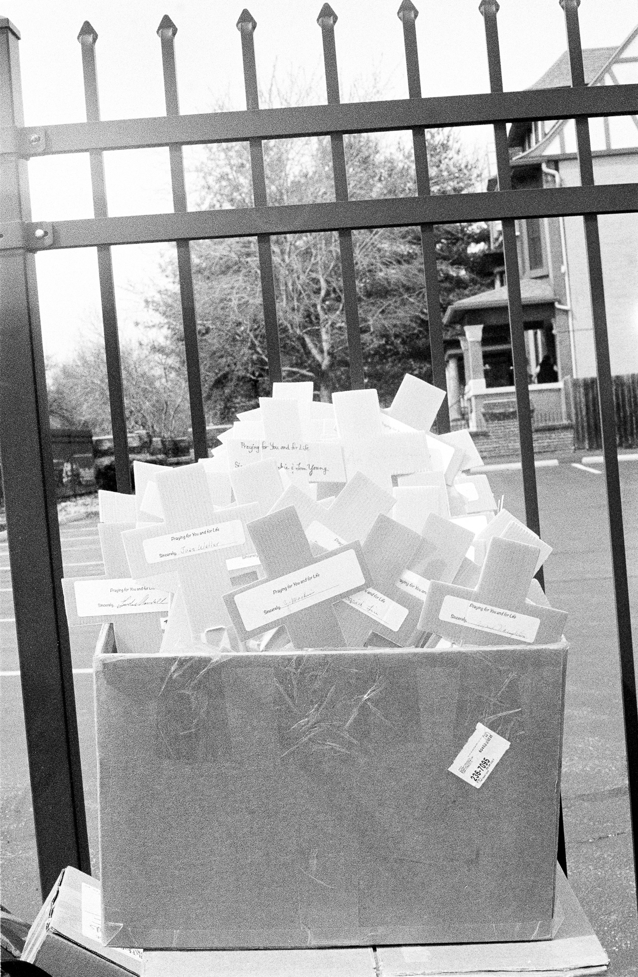 cardboard box full of crosses, each labeled with a sticker and hand-written name