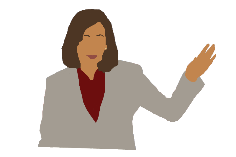 Digital drawing of Kamala Harris in a gray suit and red top, her left hand extended, and unimpressed facial expression