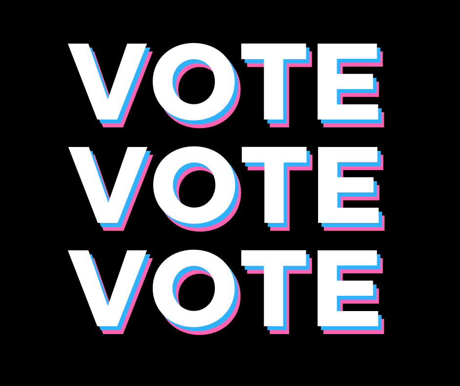 Black background that reads "VOTE VOTE VOTE" with white text overlying blue text overlying pink text