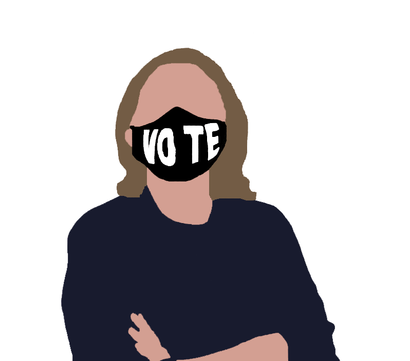 Digital drawing of Hillary Clinton with her arms folded, wearing a blue top and a black mask that reads "VOTE" in white lettering