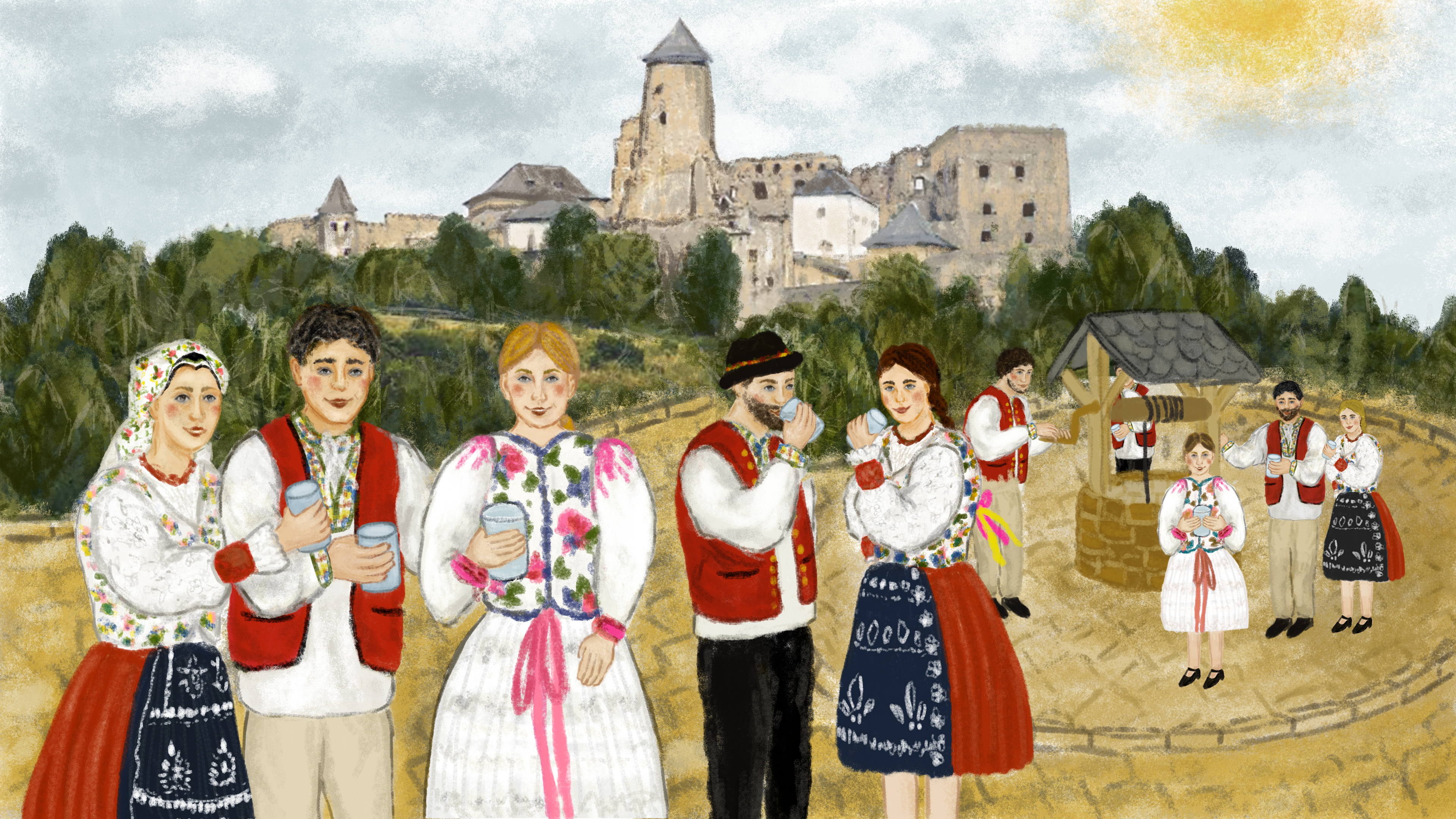 Ilustrácia slovenskej dediny, ľudia v kroji - Valentína Figeľová