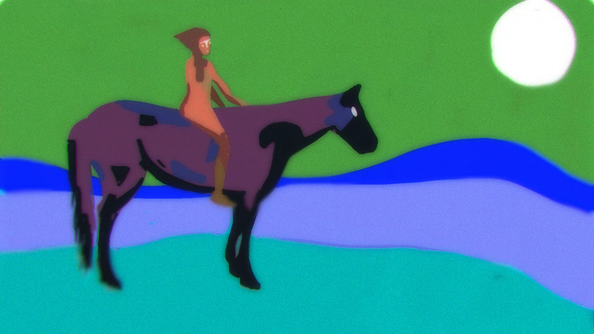 Foto do filme, uma mulher de cabelo curto e pintura branca no rosto, montada em um cavalo preto, perto de montanhas coloridas, com a lua cheia branca ao fundo