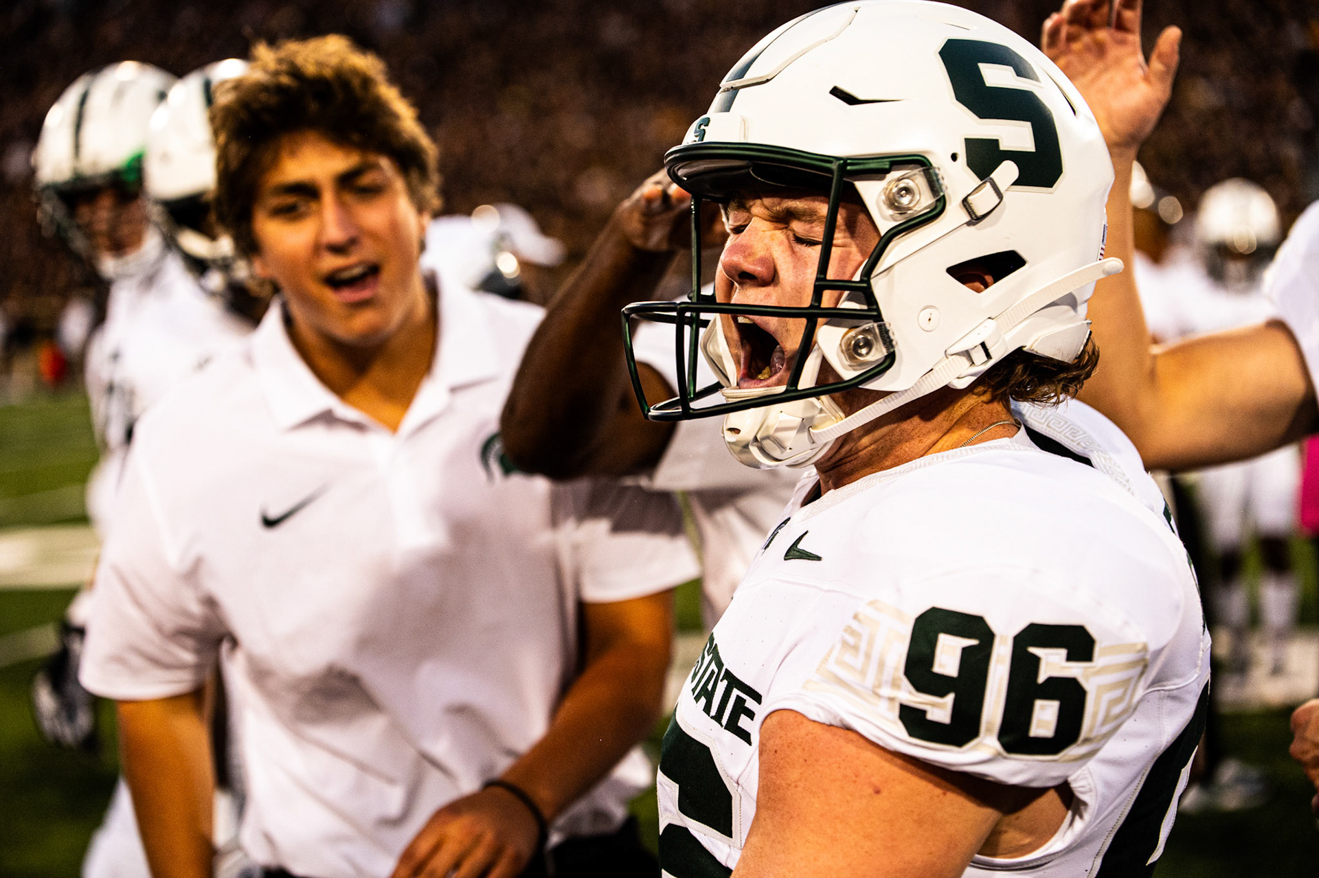 Redshirt freshman punter Ryan Eckley celebrates a punt that pinned the Hawkeyes deep in their own territory in Kinnick Stadium on Saturday, September 30, 2023.(Photo by Jack Moreland/WDBM Sports/Michigan State University)