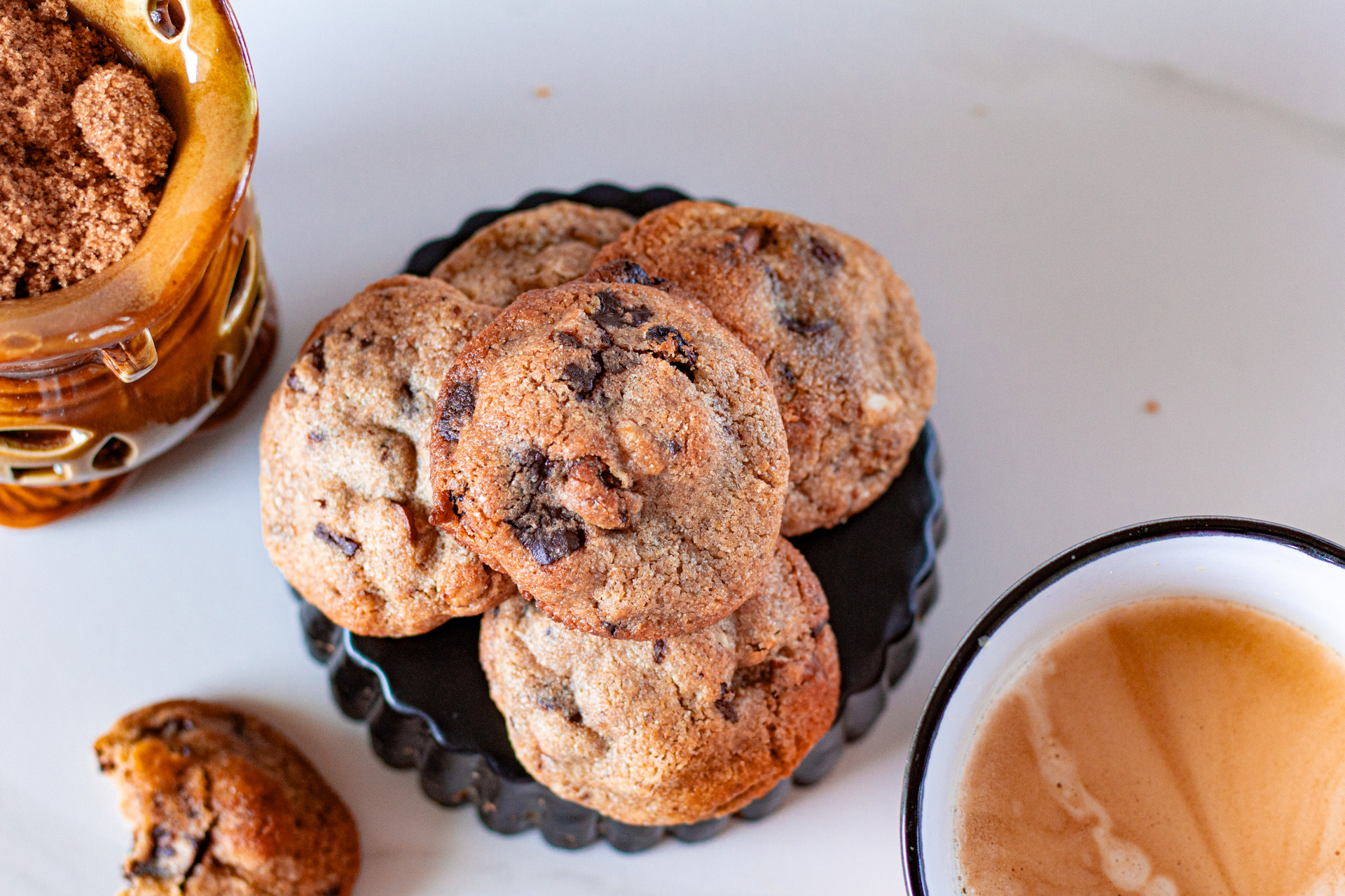 Chocolate chip raisin almond cookies with coffee and brown sugar