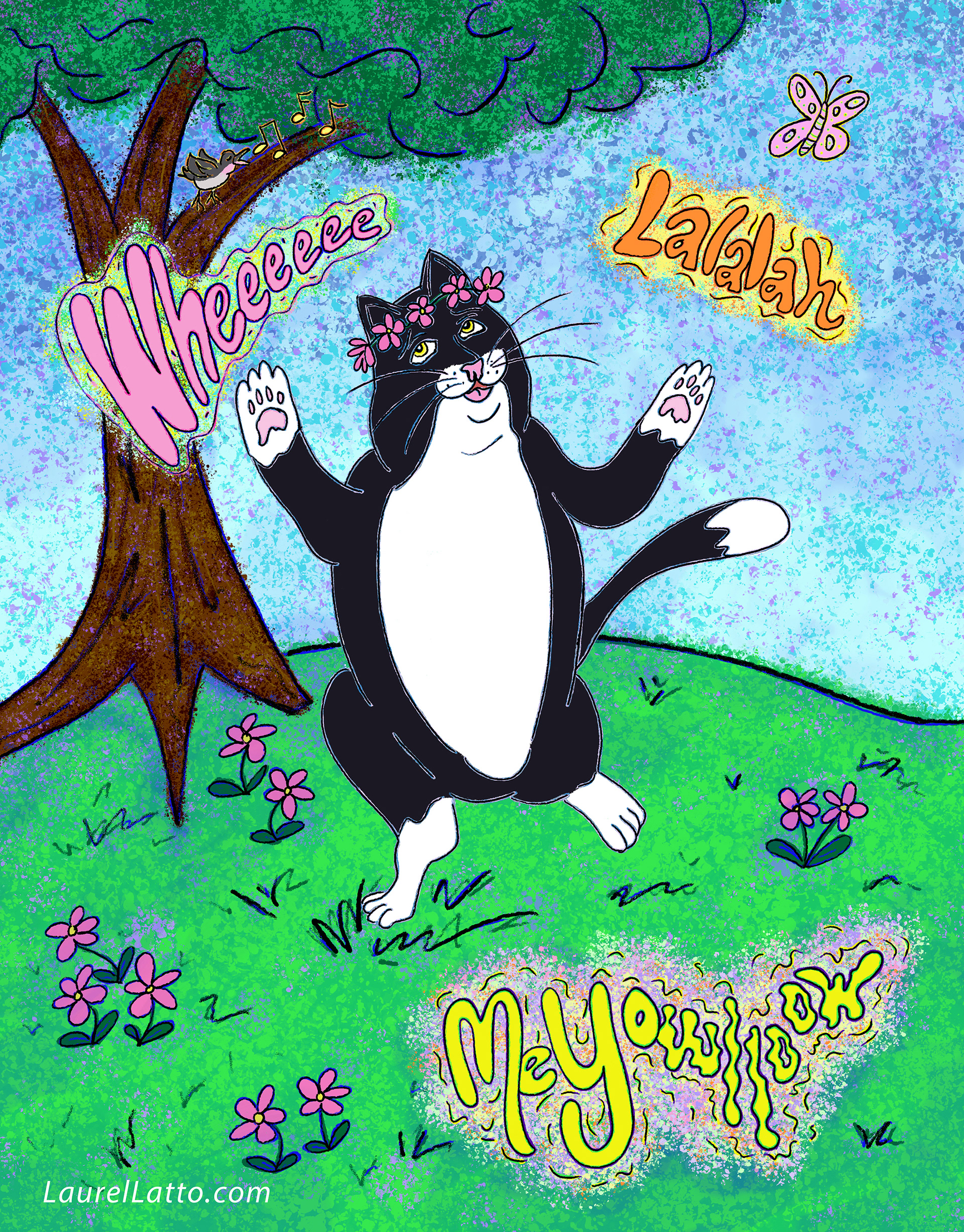 Fairy tuxedo cat dancing and singing children's book digital illustration.