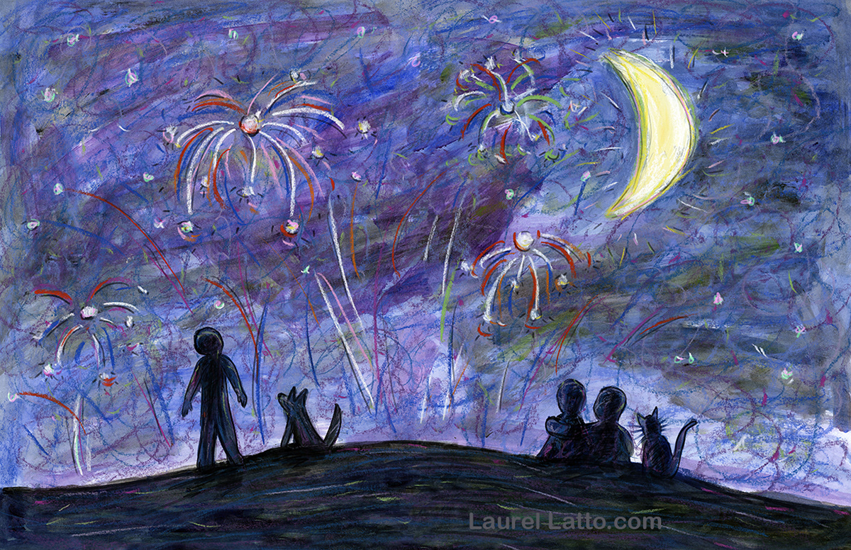 Gaze and Wonder Fireworks Pastel Multimedia Art Illustration