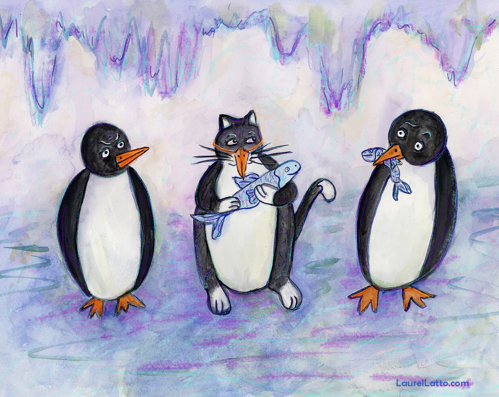 Penguin Cat Watercolor Illustration