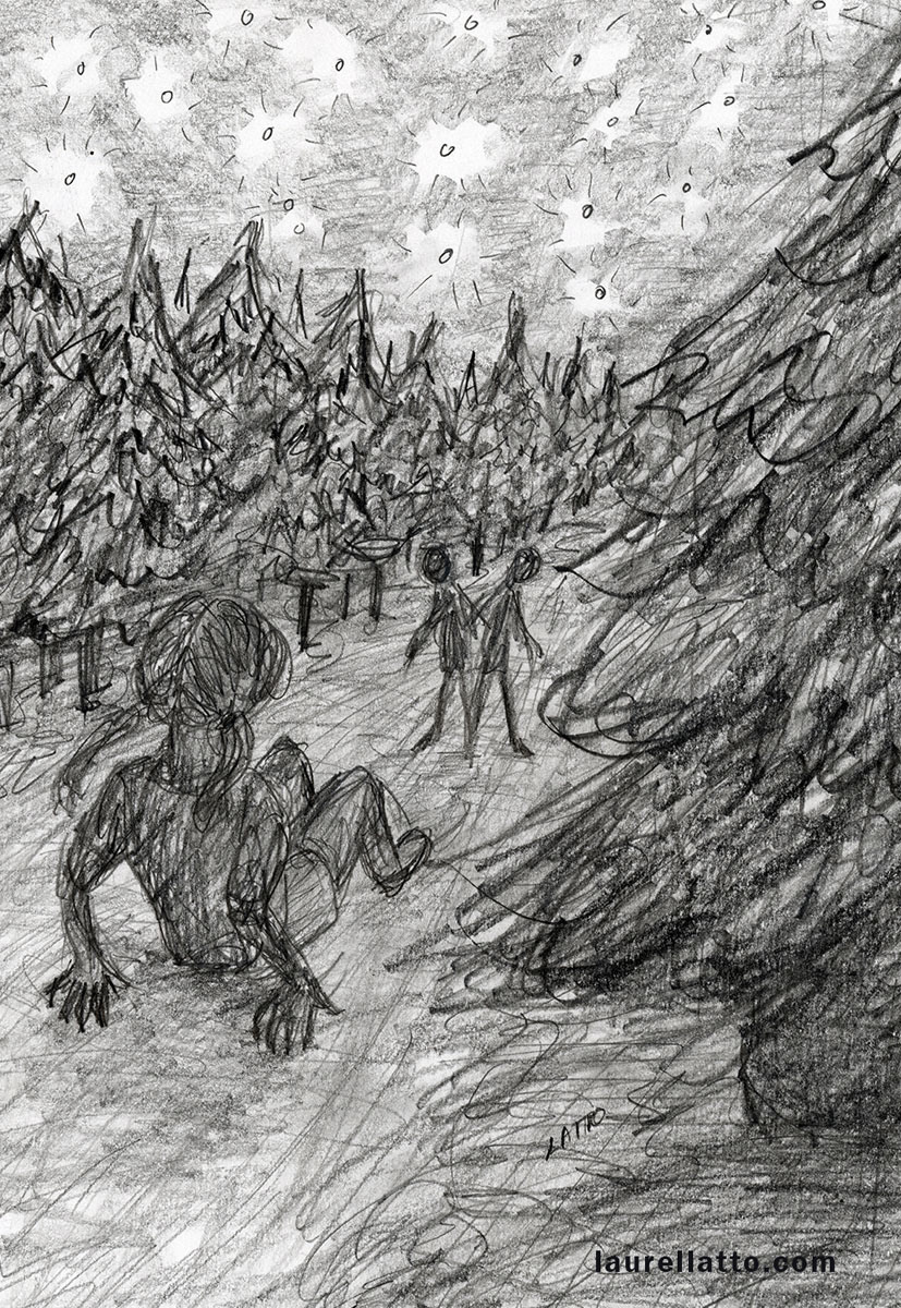 Nighttime Scare in Summer Camp Forest Pencil Drawing