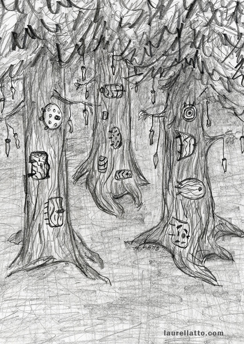 Fairy Doors Trees in Forest B&W Pencil Drawing