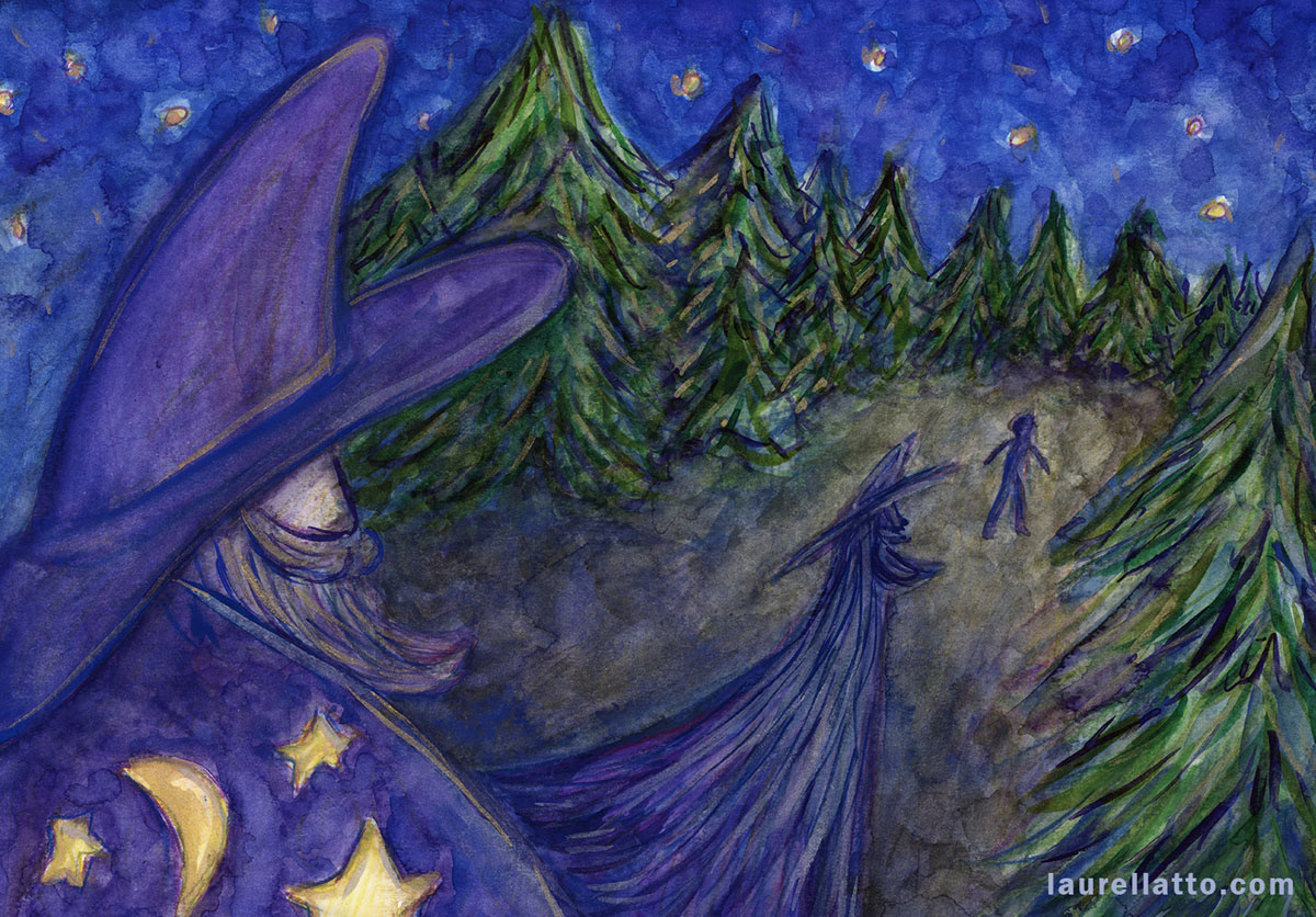 Magic Wizard's Shadow Nighttime Forest Watercolor Painting Illustration