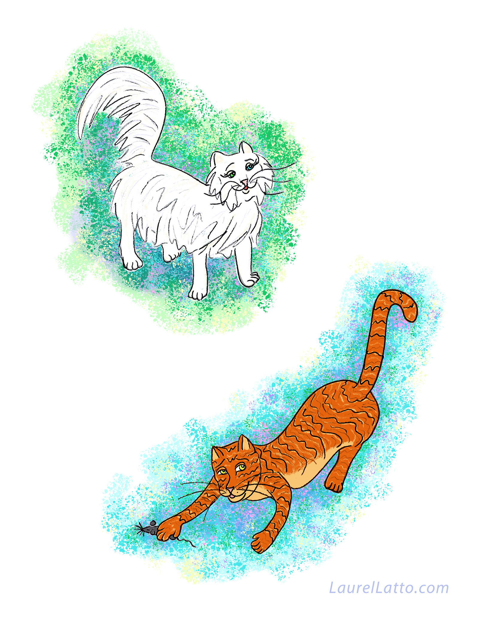 White fluffy cat and orange tiger tabby cat digital children's book illustration.