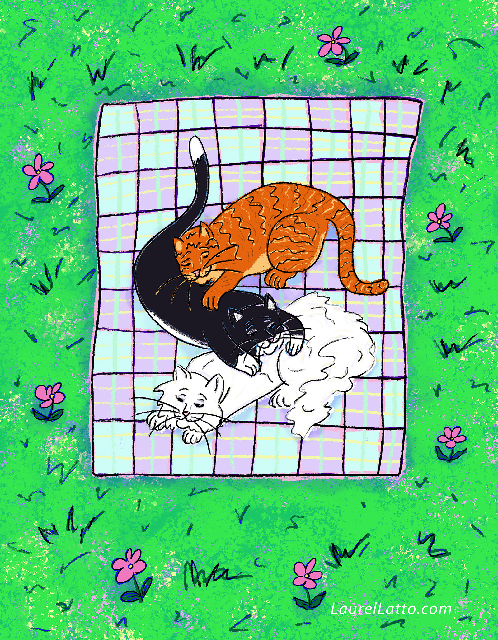 Three cats napping on blanket children's book illustration. Art was created digitally.