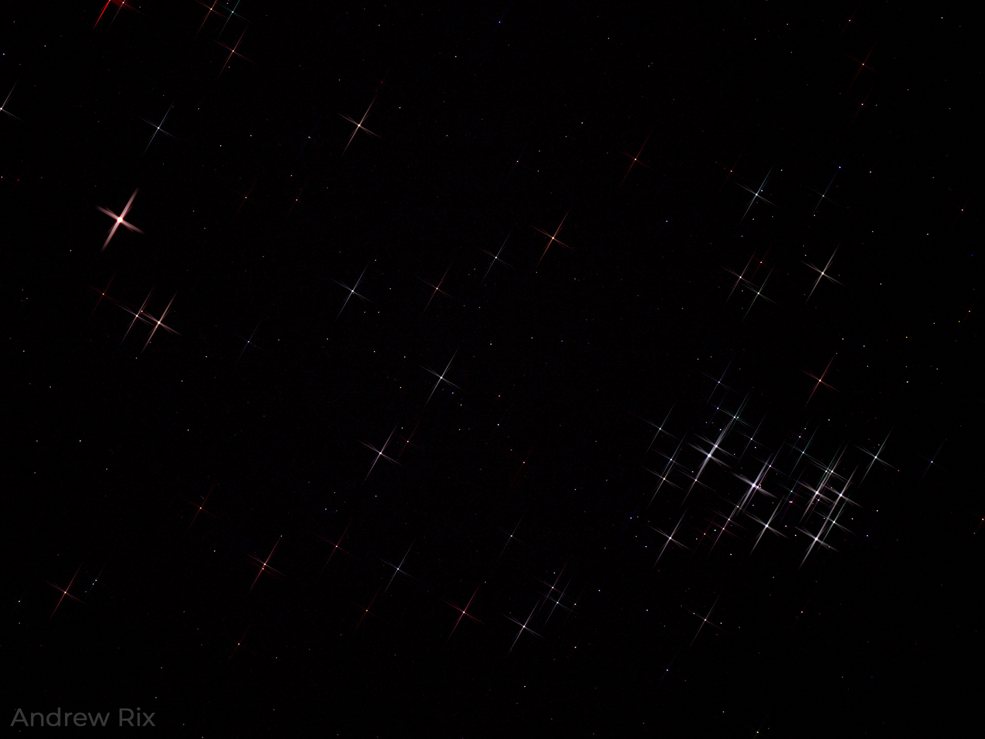 Mars (with red tint) top left and the Pleiades, bottom right.