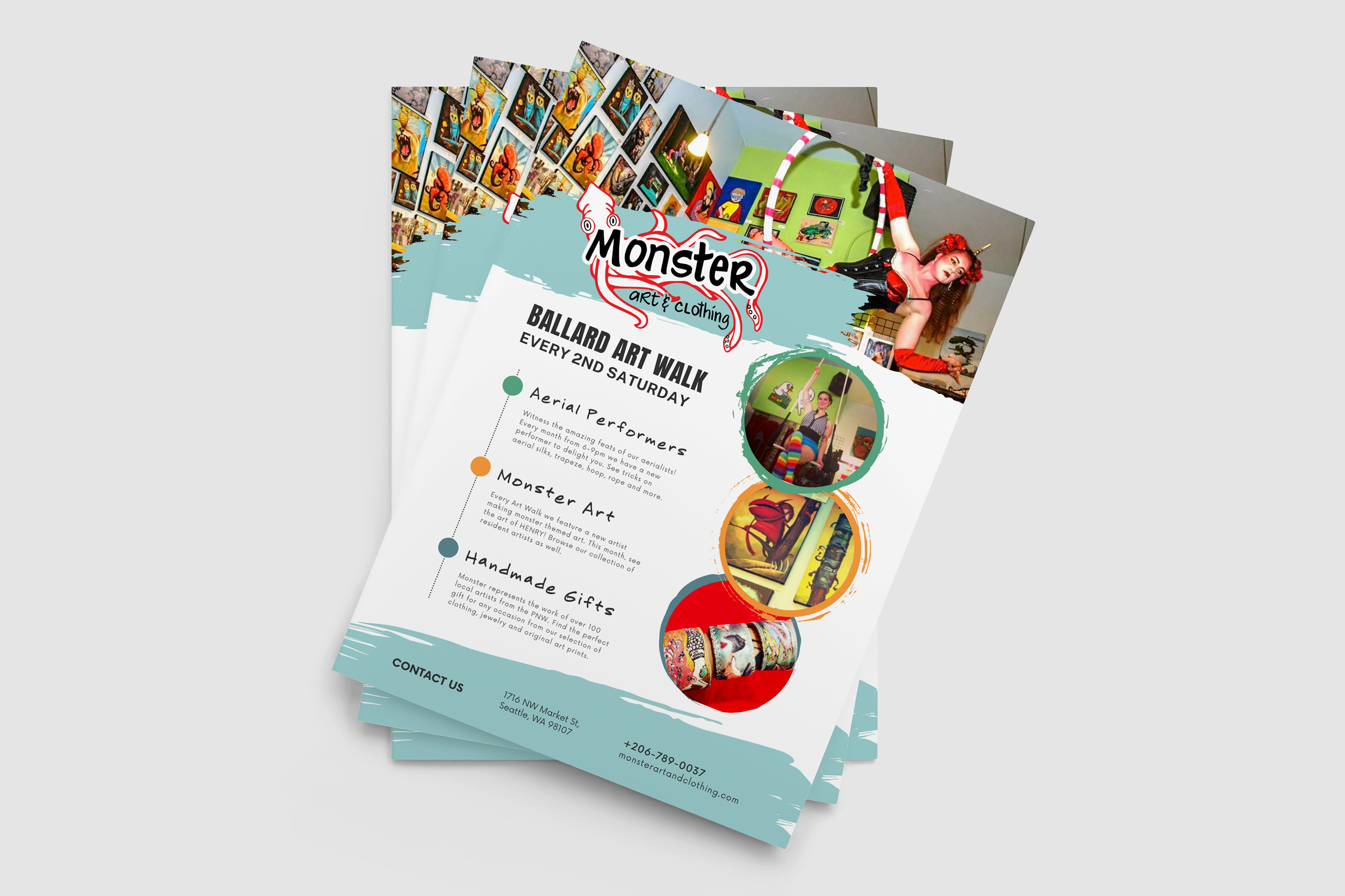 Flyers for the Ballard Art Walk Monthly Art Shows