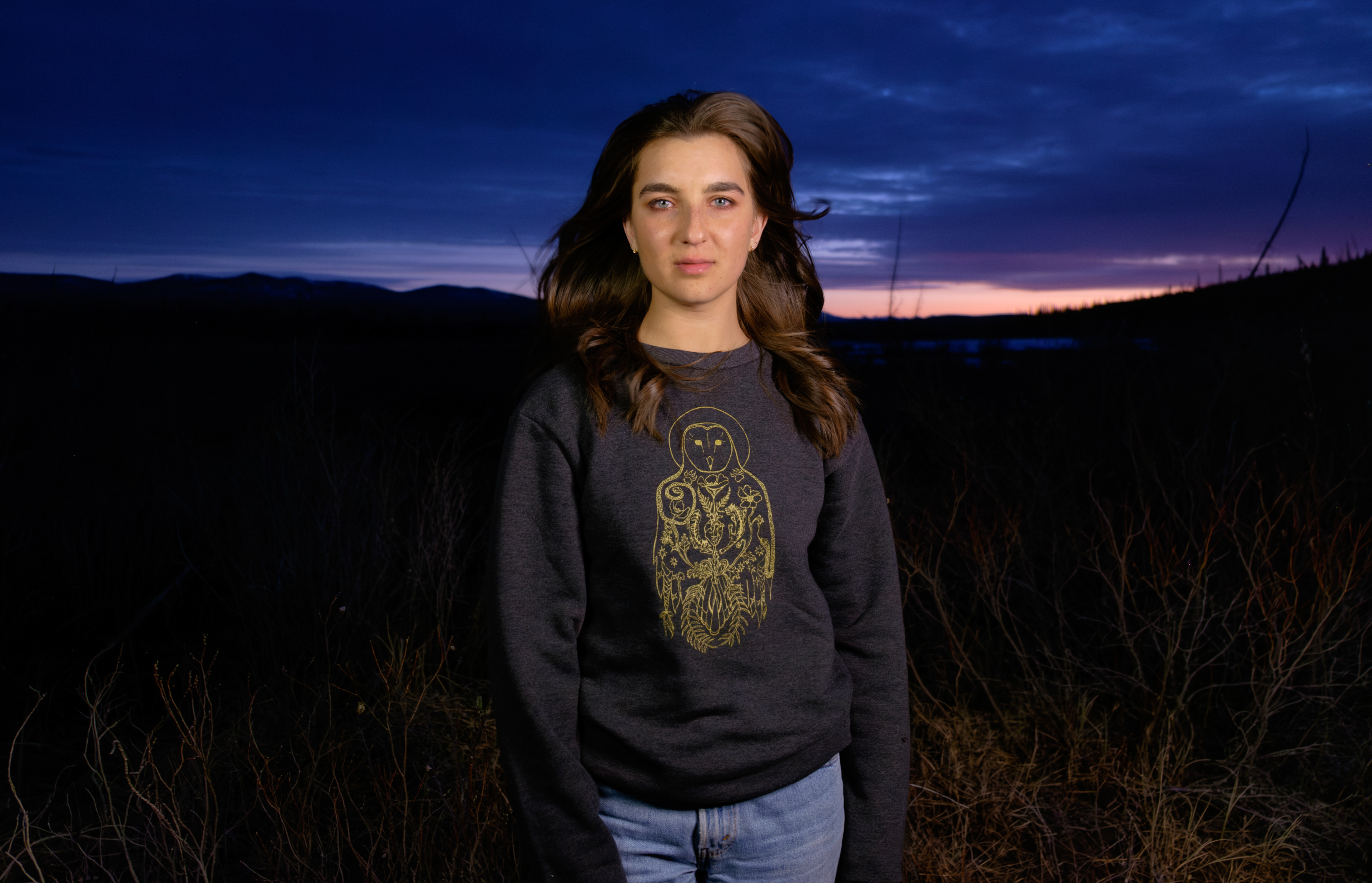 Gold Leaf Beasts Owl Sweatshirt release. Shoot 2: A serious group effort. Avery modelling, Ryley on lights and me shooting, as well as a camera-shy moose and an infinite supply of hungry mosquitoes. On the Traditional Territories of the Ta'an Kwäch'än Council and Kwanlin Dün First Nation.