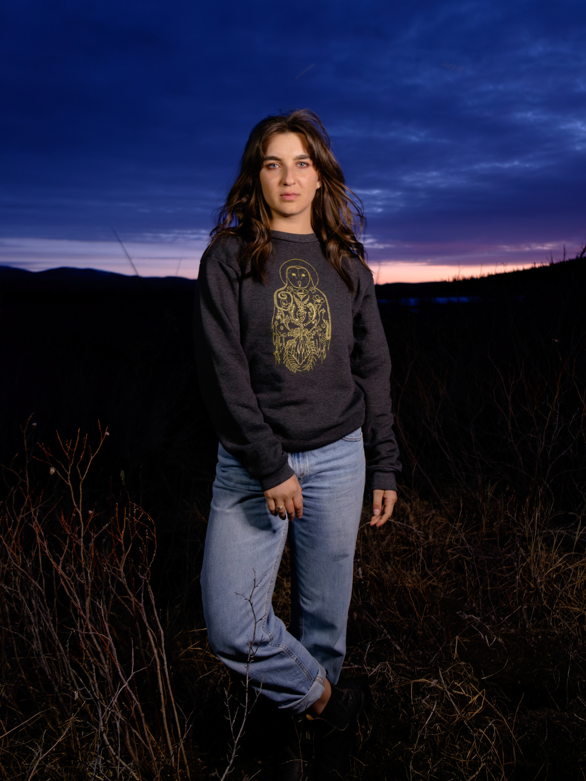 Gold Leaf Beasts Owl Sweatshirt release. Shoot 2: A serious group effort. Avery modelling, Ryley on lights and me shooting, as well as a camera-shy moose and an infinite supply of hungry mosquitoes. On the Traditional Territories of the Ta'an Kwäch'än Council and Kwanlin Dün First Nation.