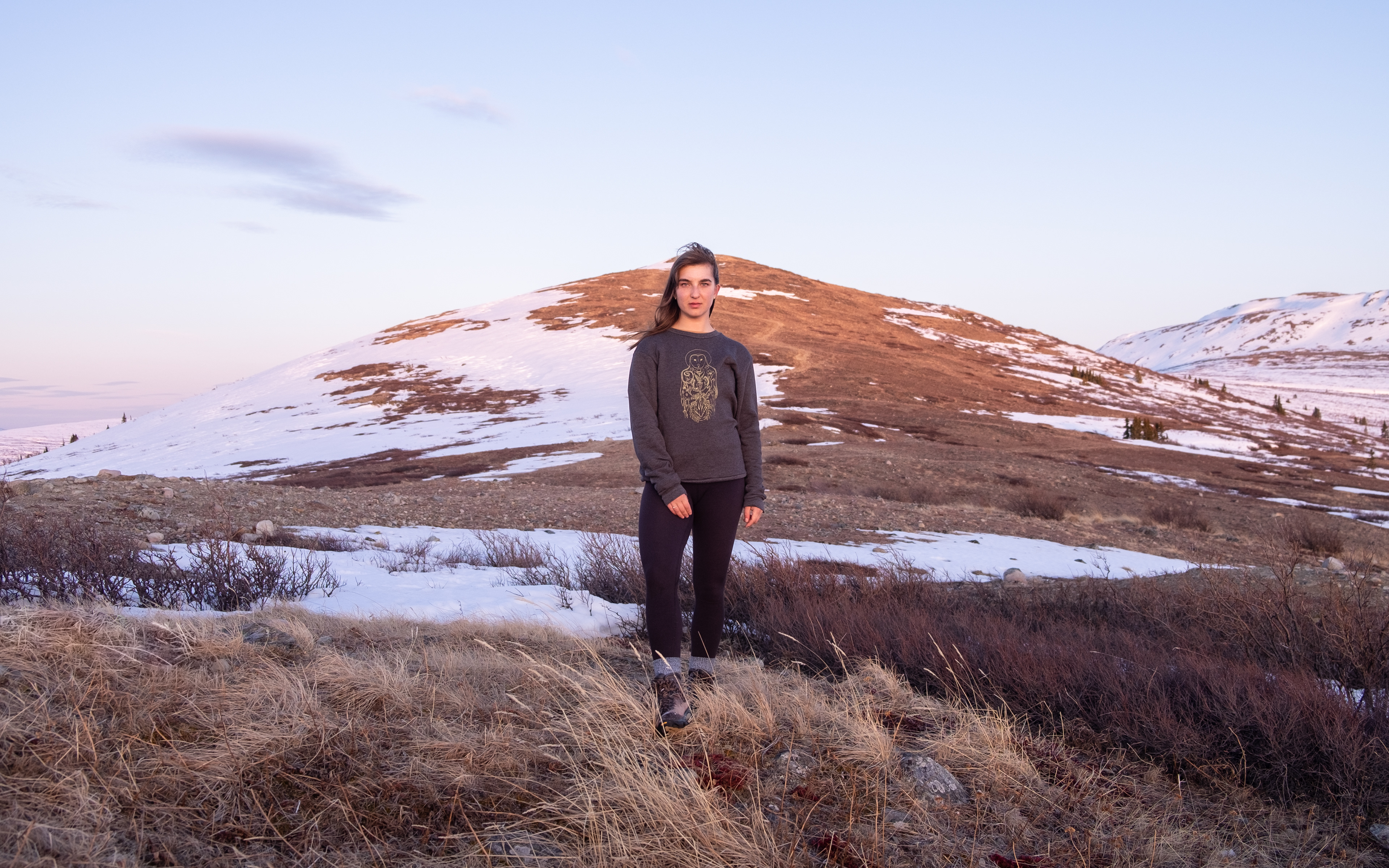 Gold Leaf Beasts Owl Sweatshirt release. Shoot 1: Ran up a mountain with Avery, AKA my sister and the greatest model ever, to catch golden hour. I kid you not, we heard an owl on the way up - whatta rare coincidence! It was cold af but thankfully the sweater was super cozy. On the Traditional Territory of Kwanlin Dün First Nation.