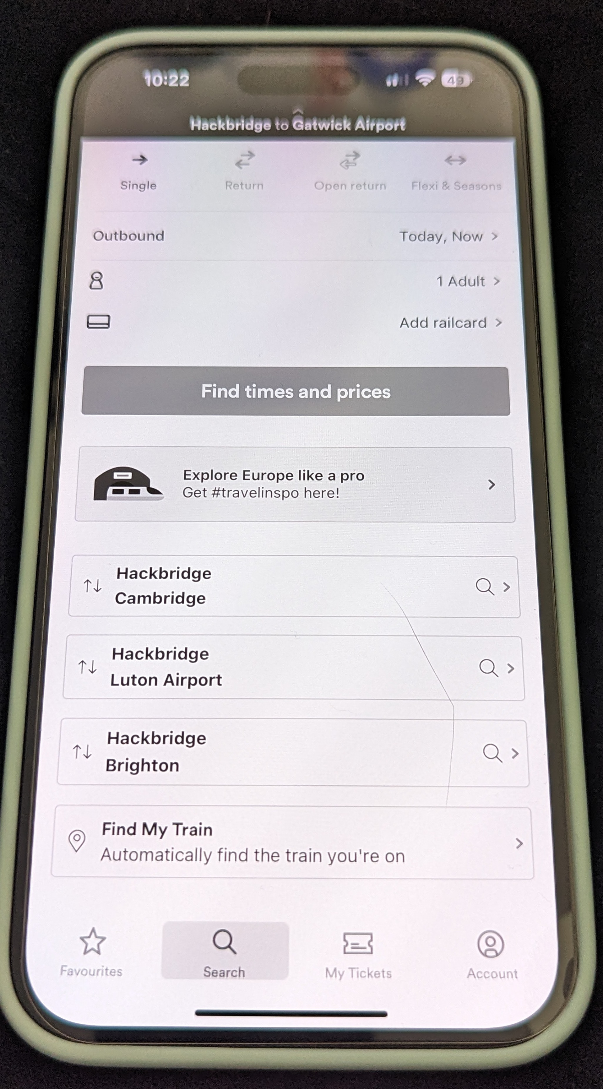 Black and white Trainline screen in Grayscale enabled