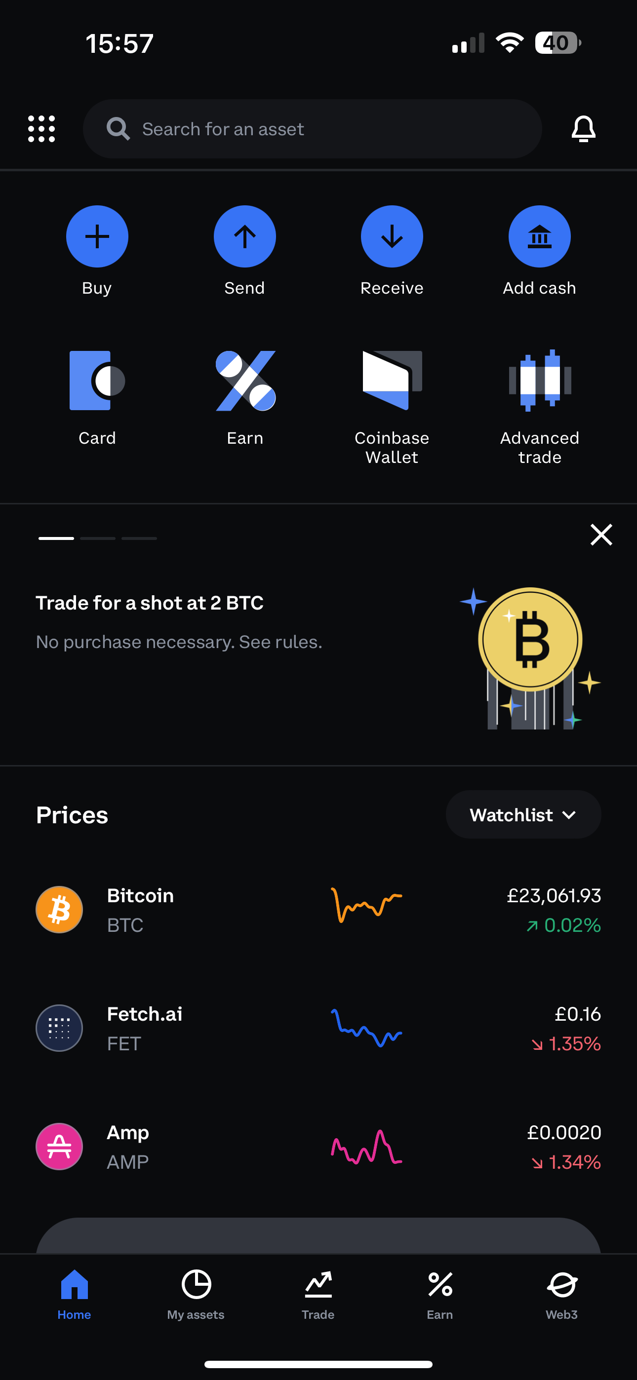 Dark Coinbase screen in Dark Mode enabled