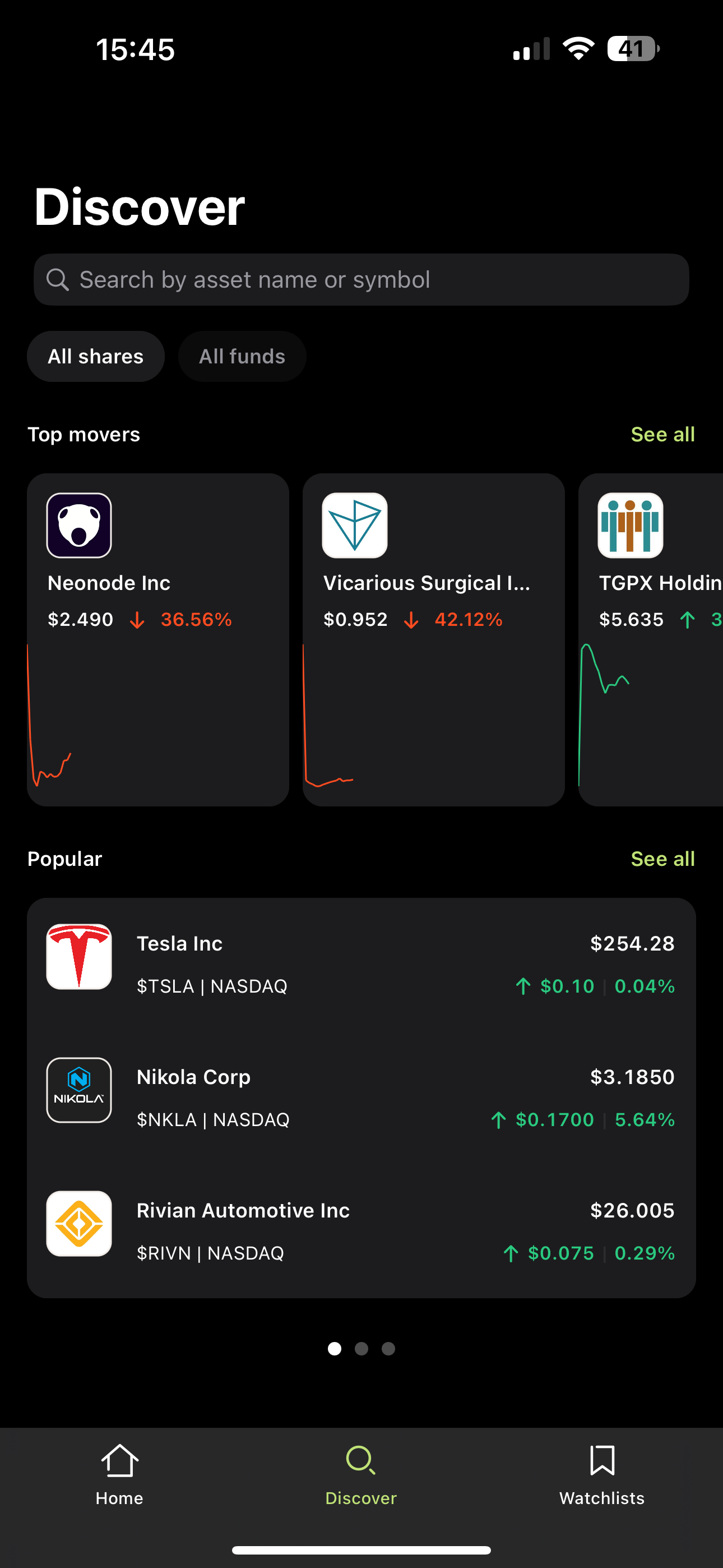 Dark CMC Invest screen in Dark Mode enabled