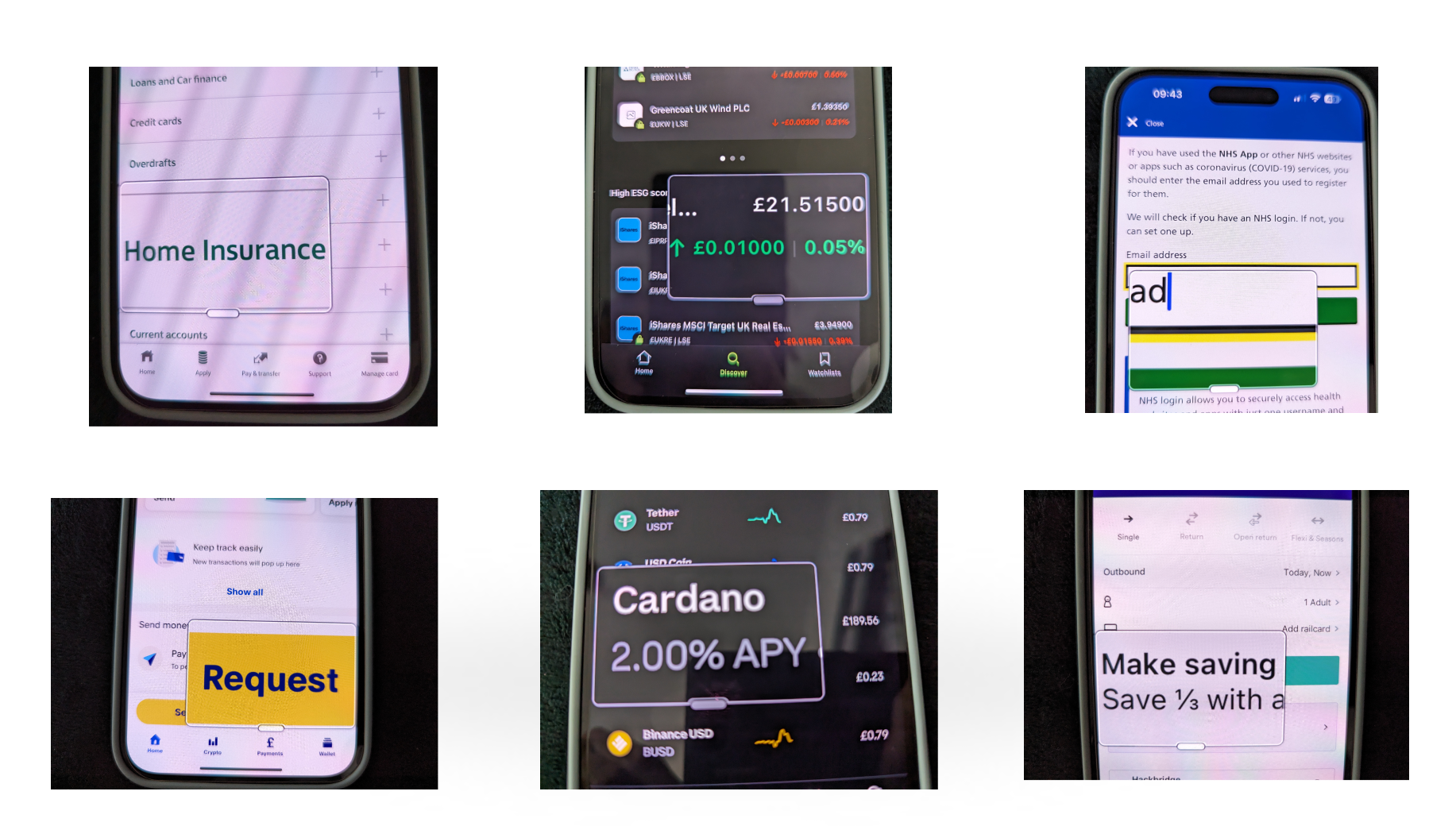 From the left size to right Lloyds in light screen, CMC Invest in dark screen, NHS in light screen, Paypal in light screen, Coinbase in dark screen and Trainline in light screen in 'Window Zoom'