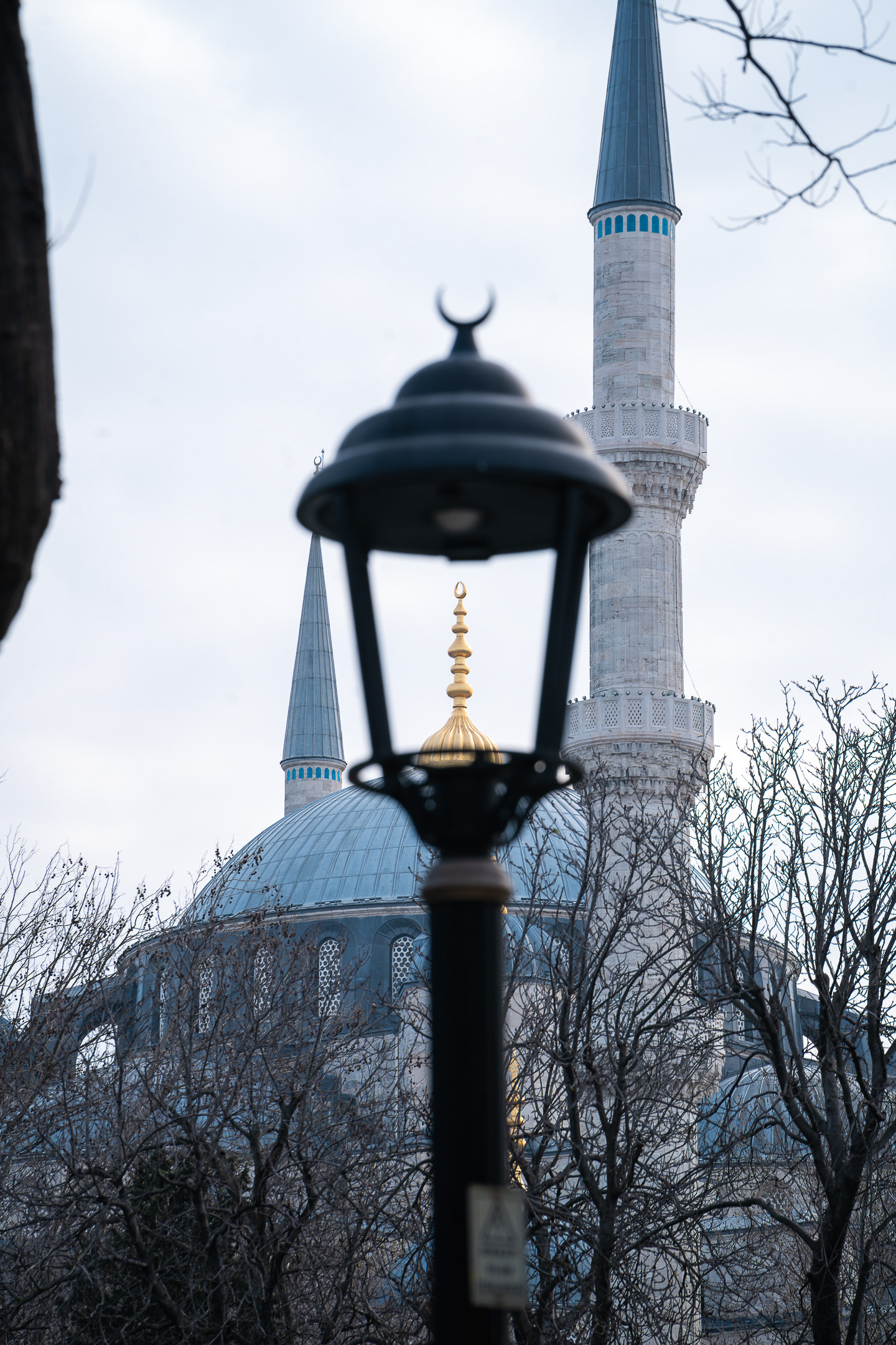 Photographie urbaine de Sabri Kaced montrant un minaret s'élevant derrière un lampadaire turc typique et des branches d'arbres dénudées.
