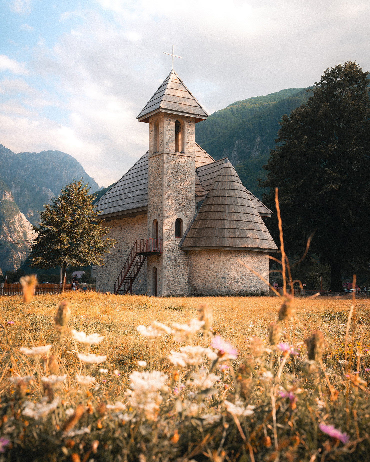 Vue en contre-plongée de l'église de Theth à travers un champ de fleurs sauvages dorées, capturant une ambiance estivale paisible. Photo : Sabri Kaced.