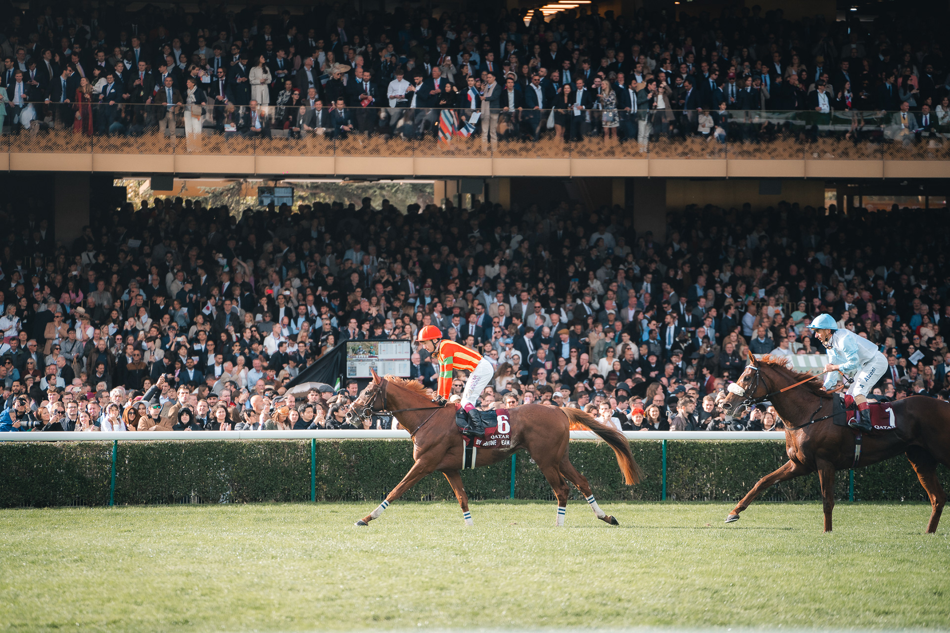 Vue panoramique de Sabri Kaced montrant deux chevaux et leurs jockeys en pleine course devant les grandes tribunes de l'hippodrome.
